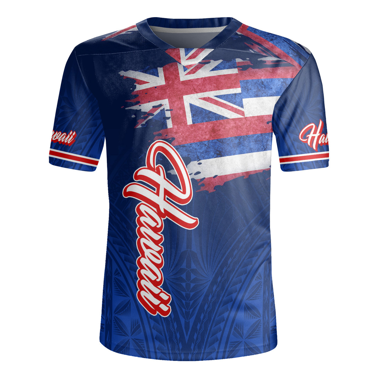 Hawaii Rugby Jersey Hawaii Flag Blue Color Polynesian Patterns Grunge Style