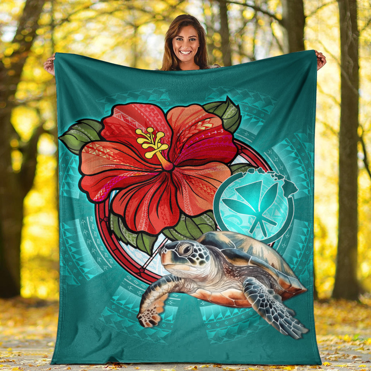 Hawaii Premium Blanket Hawaiian Map Turtle Hibiscus Flowers Polynesian Patterns Style