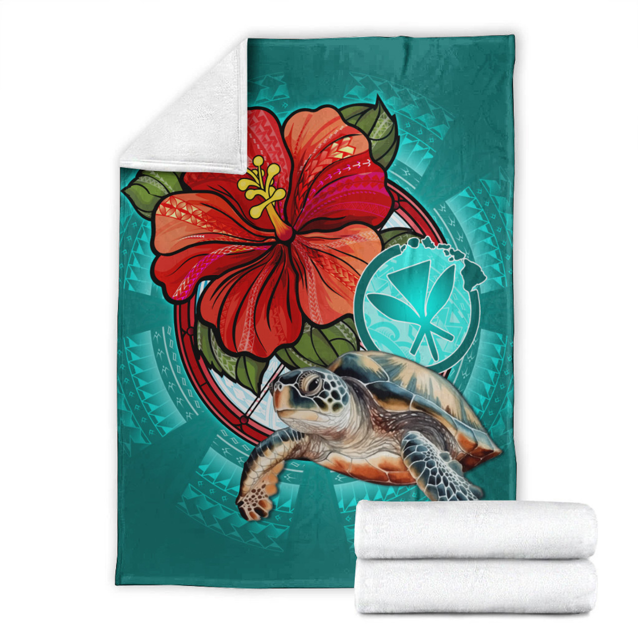 Hawaii Premium Blanket Hawaiian Map Turtle Hibiscus Flowers Polynesian Patterns Style