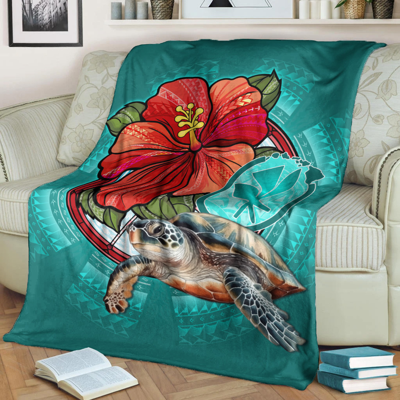 Hawaii Premium Blanket Hawaiian Map Turtle Hibiscus Flowers Polynesian Patterns Style