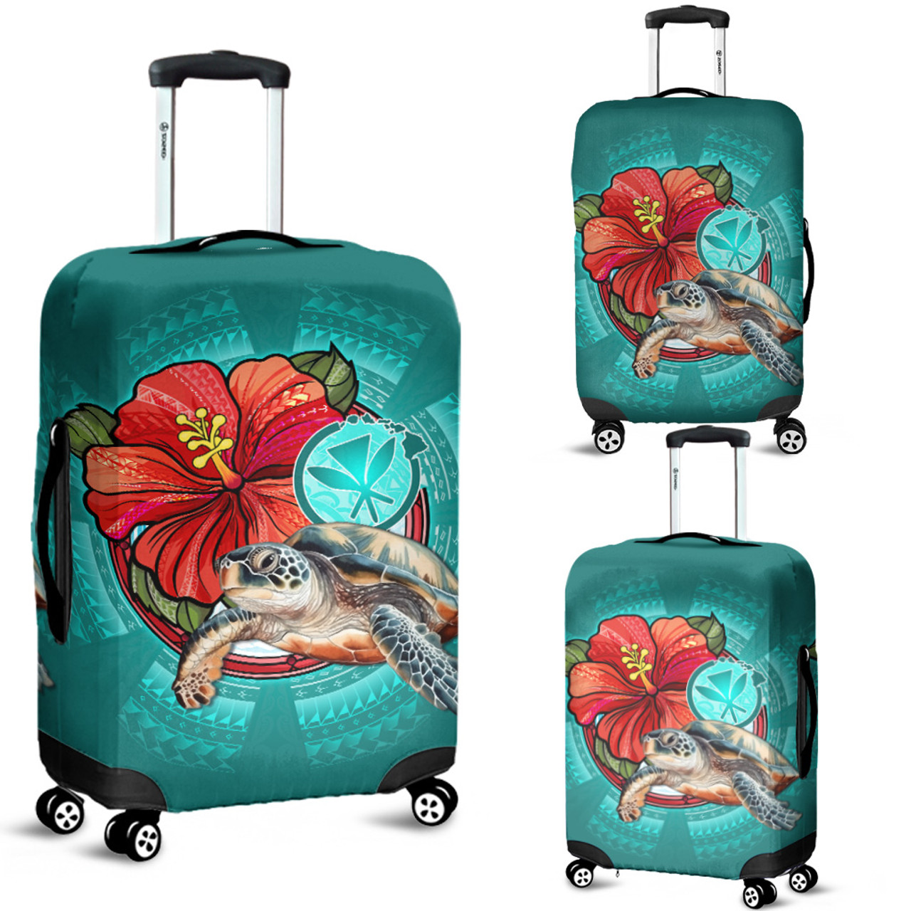 Hawaii Luggage Cover Hawaiian Map Turtle Hibiscus Flowers Polynesian Patterns Style