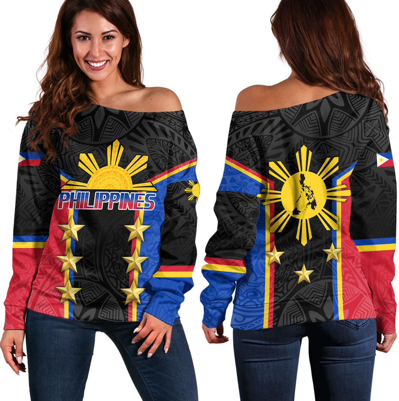 Philippines Filipinos Off Shoulder Sweatshirt Philippines Sun Tribal Pattern Style