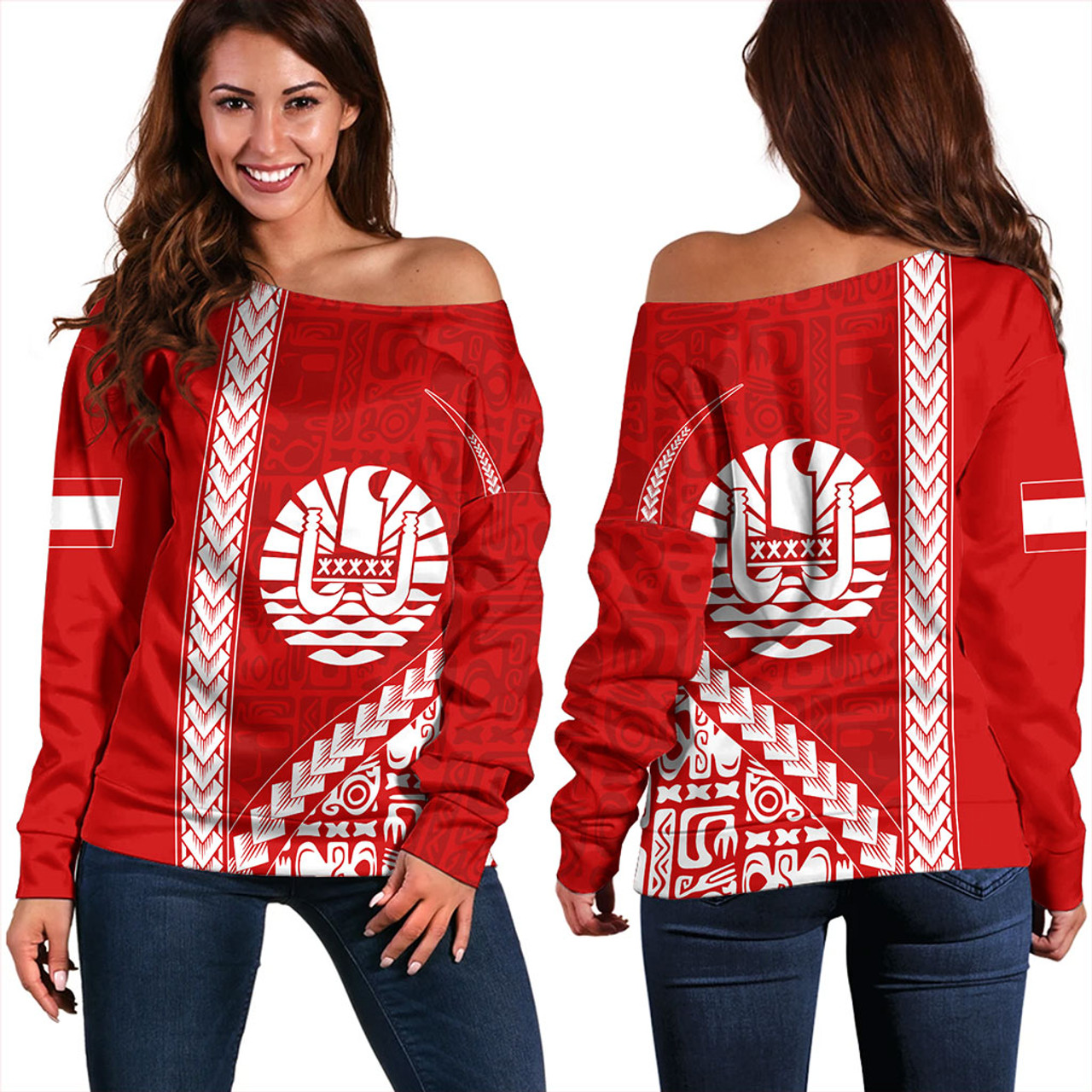 Tahiti Off Shoulder Sweatshirt Tribal Fabric And Coat Of Arms