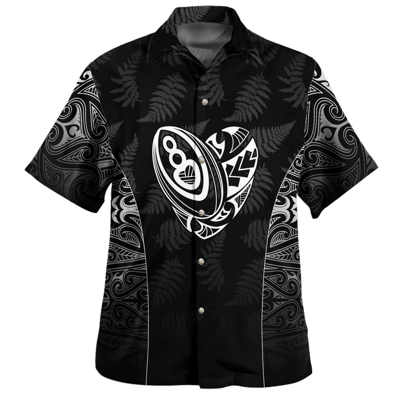New Zealand Hawaiian Shirt Rugby Heart Maori Style Silver Fern