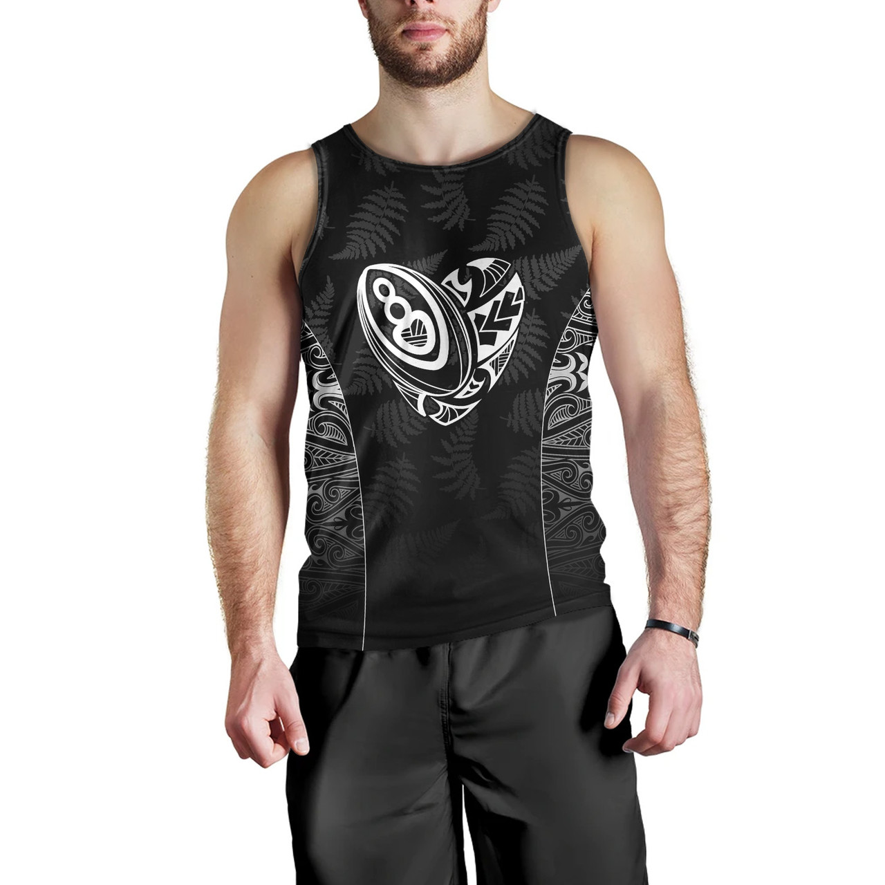 New Zealand Tank Top Rugby Heart Maori Style Silver Fern