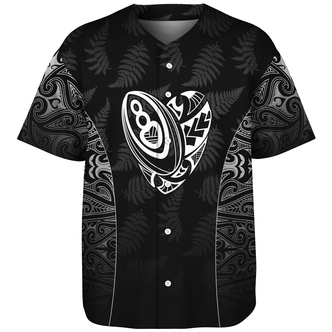 New Zealand Baseball Shirt Rugby Heart Maori Style Silver Fern