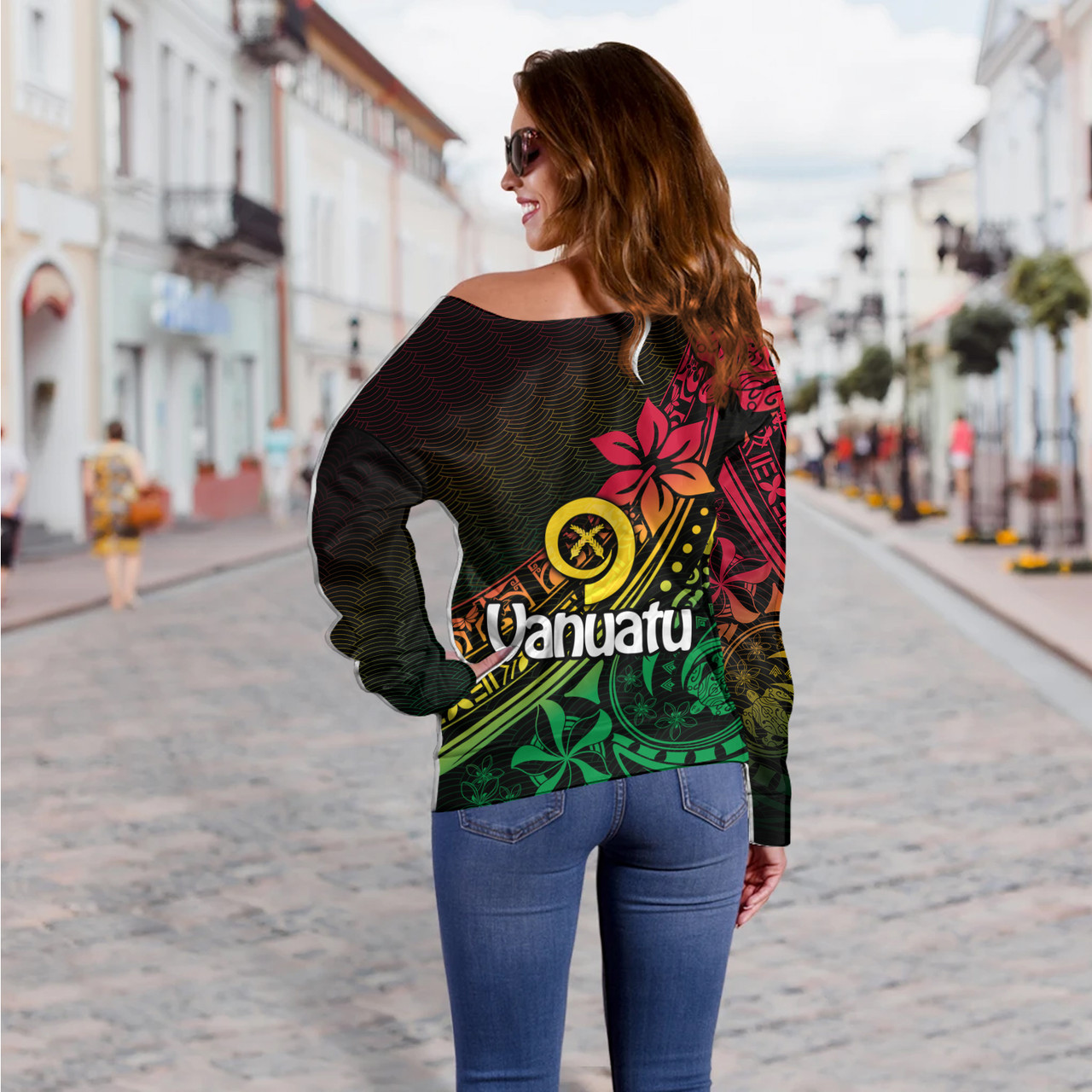 Vanuatu Off Shoulder Sweatshirt  Long God Yumi Stanap Flag Color Tribal Patterns Style