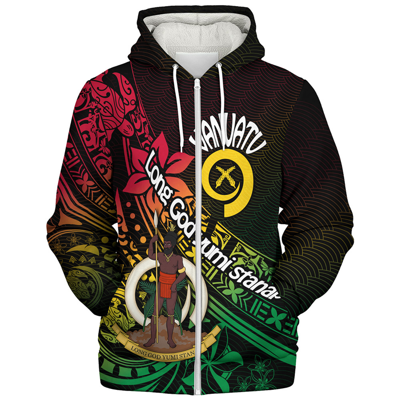 Vanuatu Sherpa Hoodie Long God Yumi Stanap Flag Color Tribal Patterns Style