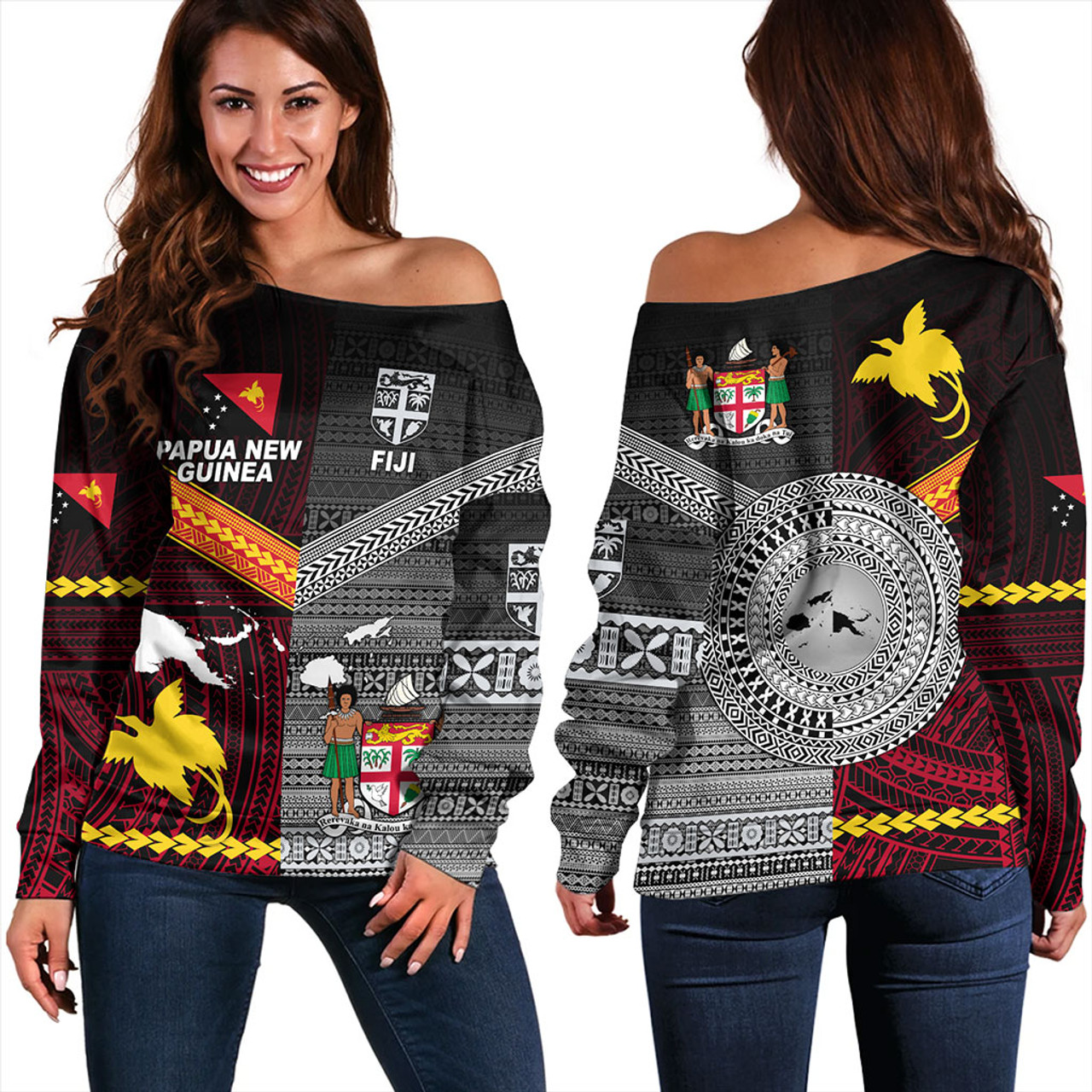 Fiji And Papua Off Shoulder Sweatshirt Polynesian And Tapa Together