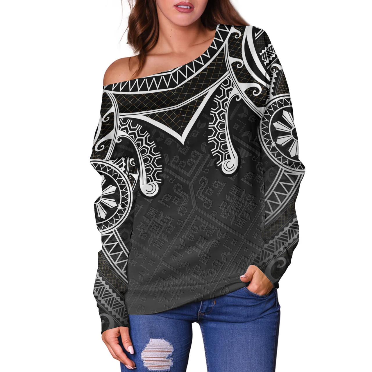 Philippines Filipinos Off Shoulder Sweatshirt Filipino National Tribal Patterns Style