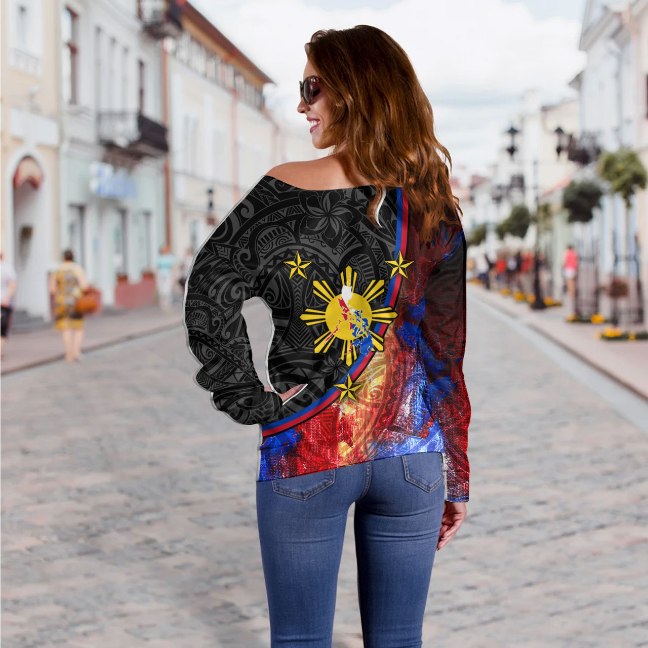 Philippines Filipinos Off Shoulder Sweatshirt Filipinos Sun Grunge Background Style