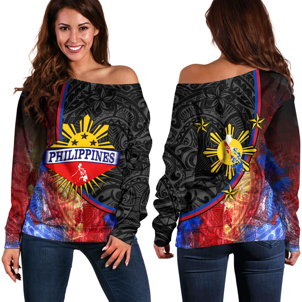 Philippines Filipinos Off Shoulder Sweatshirt Filipinos Sun Grunge Background Style