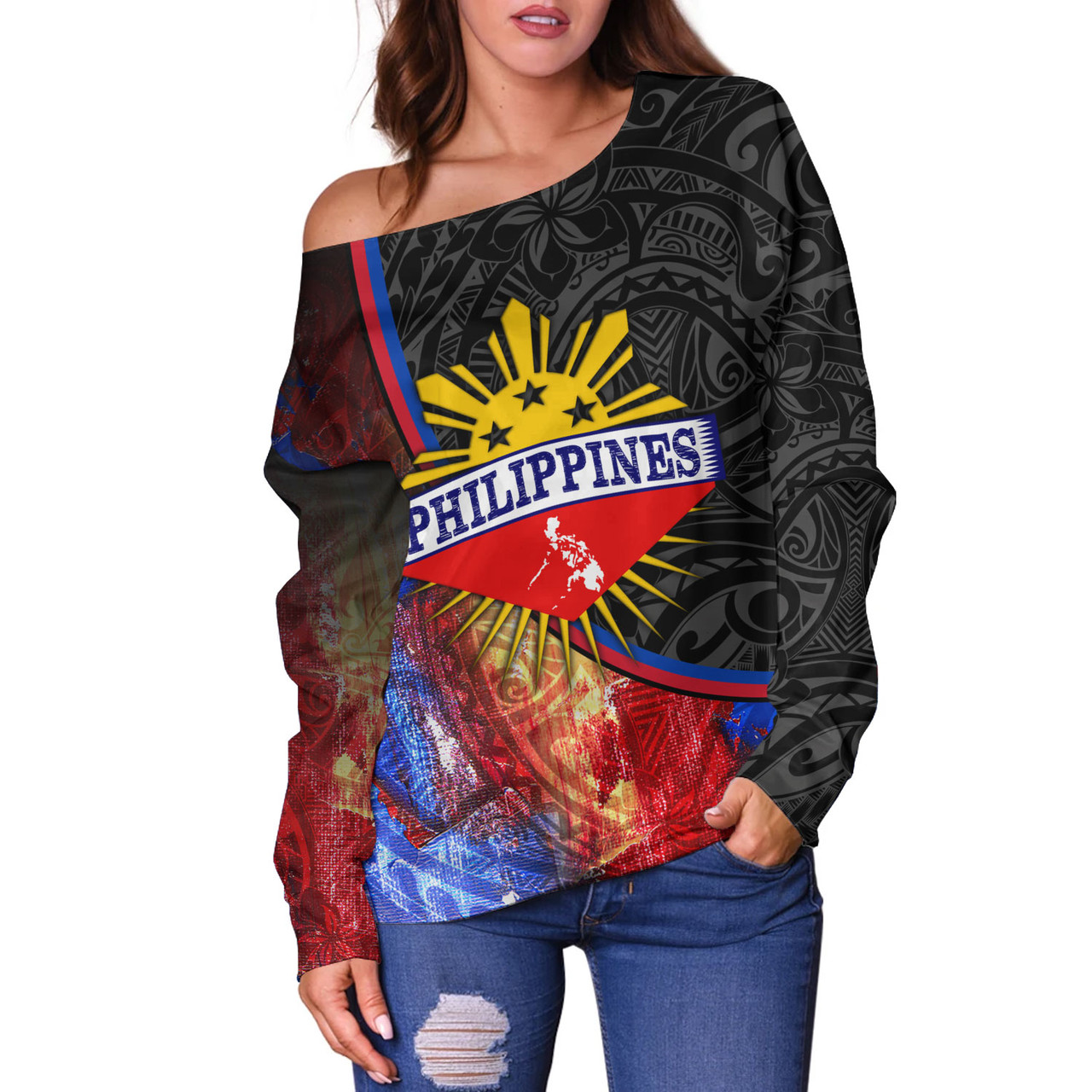 Philippines Filipinos Off Shoulder Sweatshirt Filipinos Sun Grunge Background Style