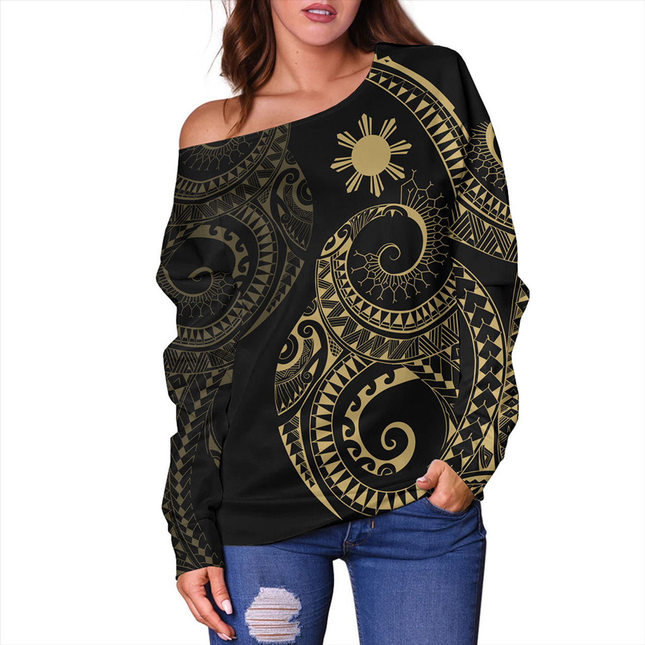 Philippines Filipinos Off Shoulder Sweatshirt Sun Tribal Tattoo Design