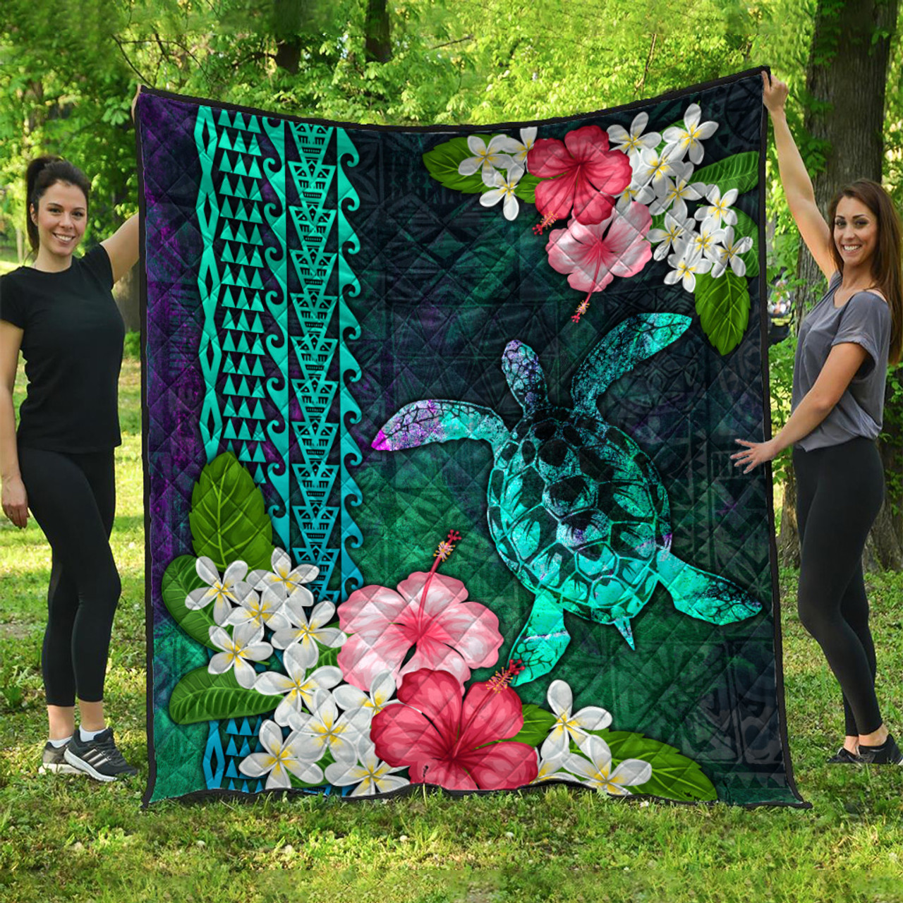 Hawaii Premium Quilt Sea Turtle Abstract Background With Tropical Flowers Hibiscus And Plumeria