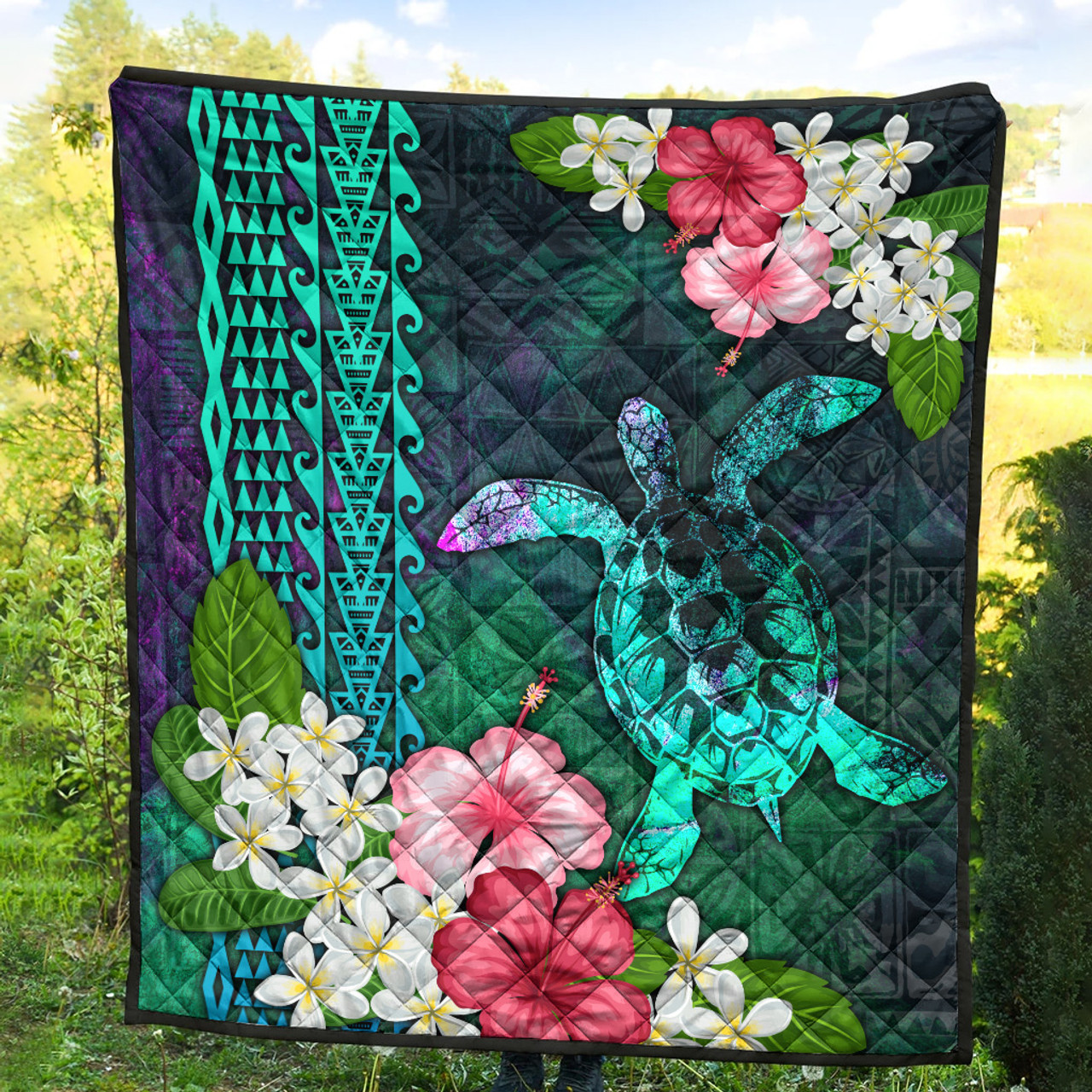 Hawaii Premium Quilt Sea Turtle Abstract Background With Tropical Flowers Hibiscus And Plumeria