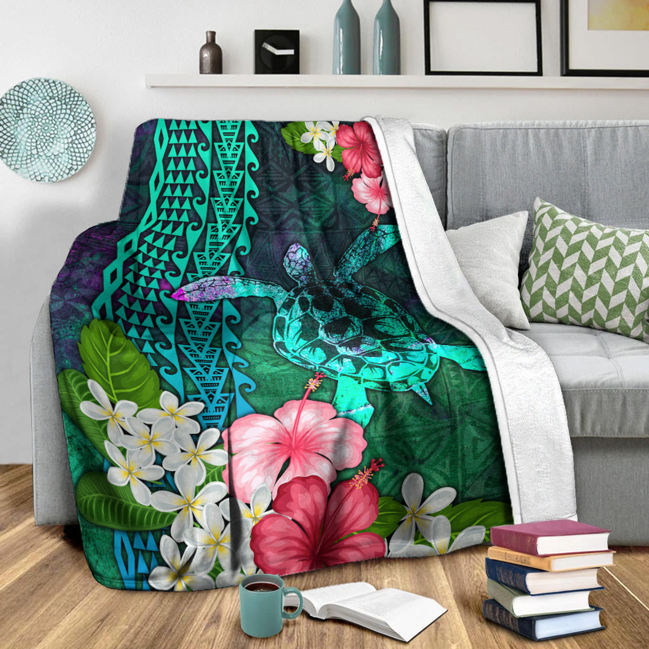 Hawaii Premium Blanket Sea Turtle Abstract Background With Tropical Flowers Hibiscus And Plumeria