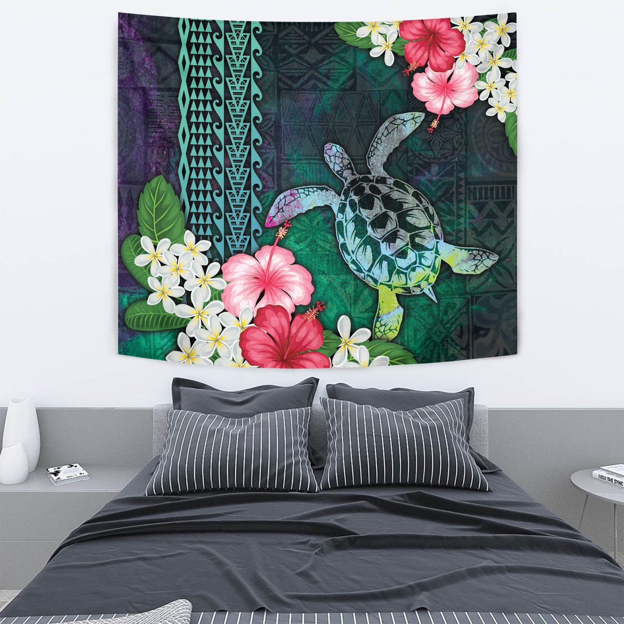 Hawaii Tapestry Sea Turtle Abstract Background With Tropical Flowers Hibiscus And Plumeria