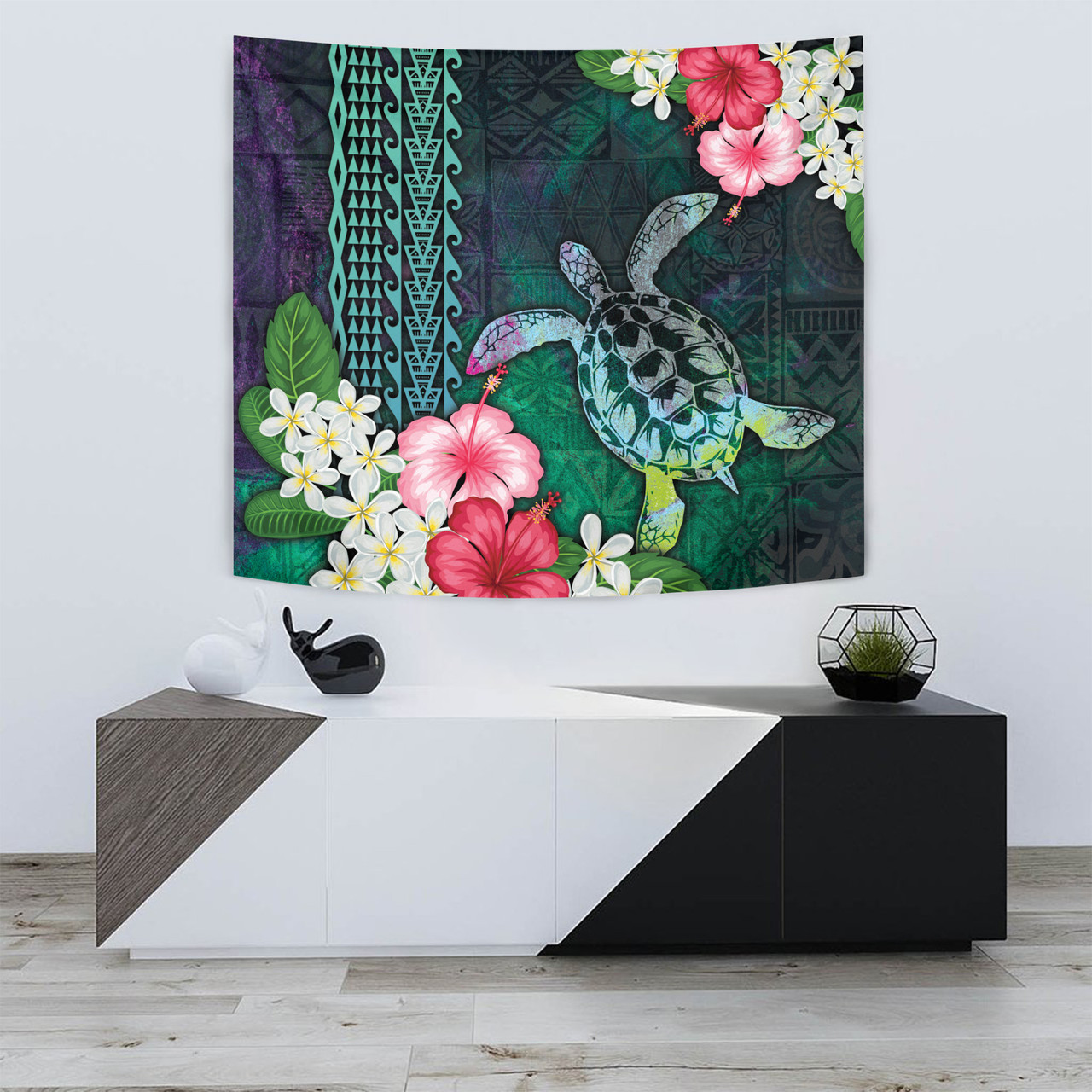 Hawaii Tapestry Sea Turtle Abstract Background With Tropical Flowers Hibiscus And Plumeria