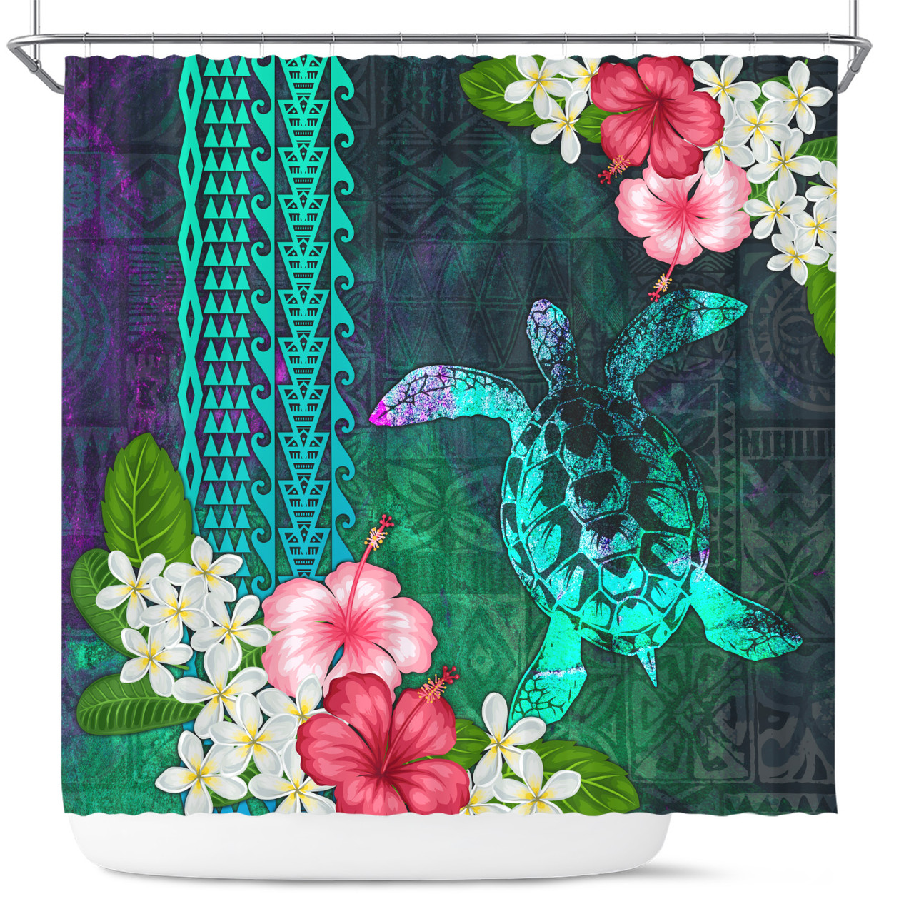 Hawaii Shower Curtain Sea Turtle Abstract Background With Tropical Flowers Hibiscus And Plumeria