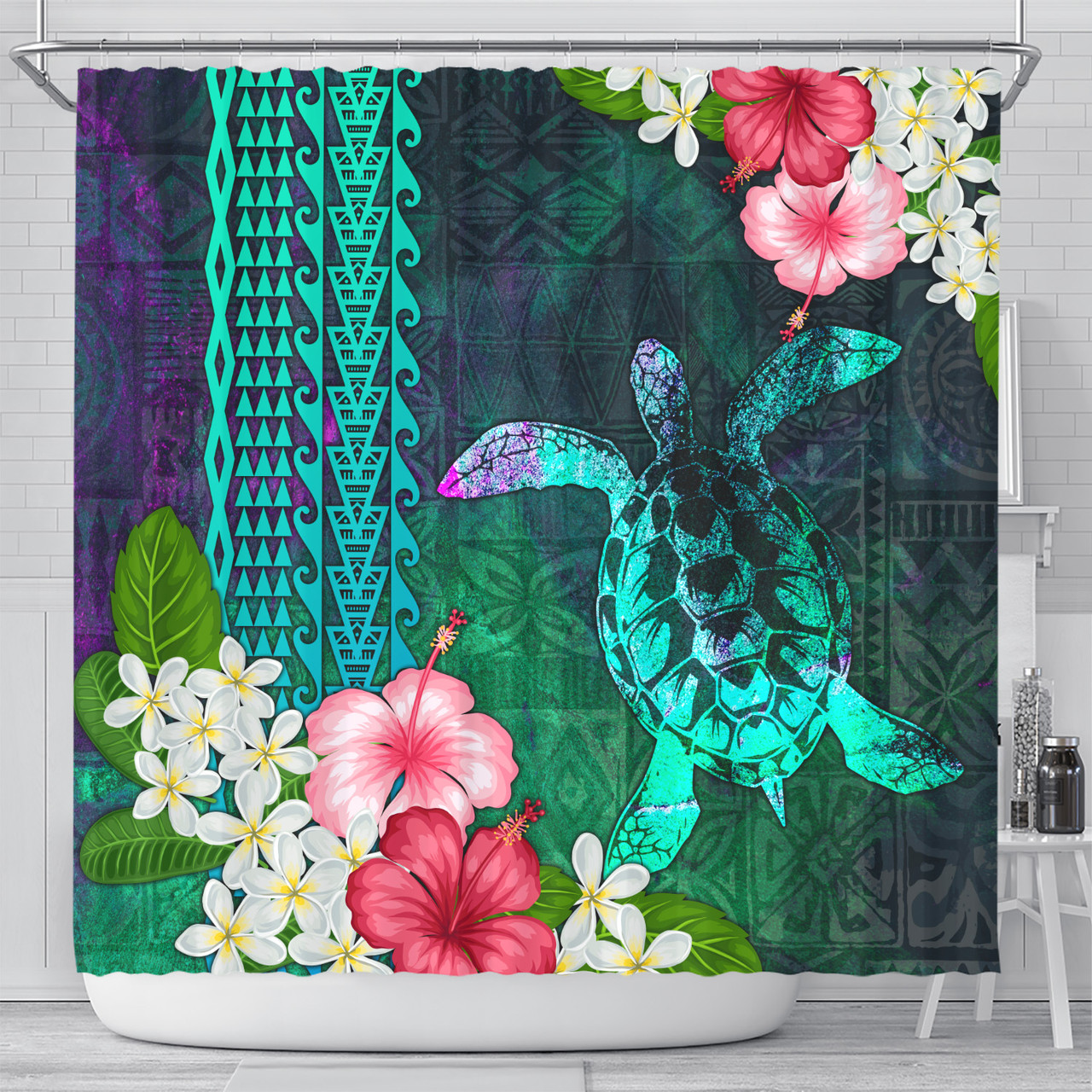 Hawaii Shower Curtain Sea Turtle Abstract Background With Tropical Flowers Hibiscus And Plumeria