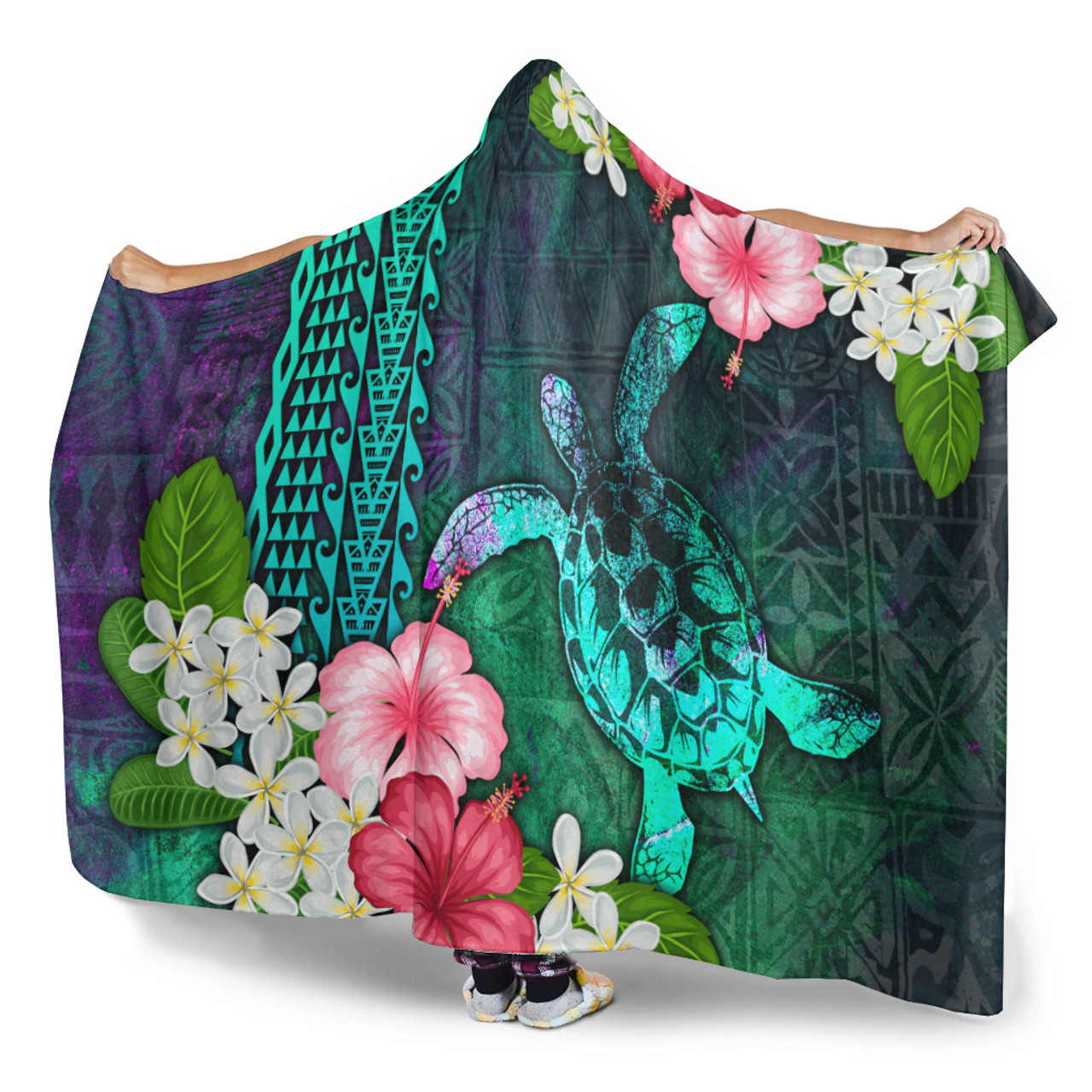 Hawaii Hooded Blanket Sea Turtle Abstract Background With Tropical Flowers Hibiscus And Plumeria