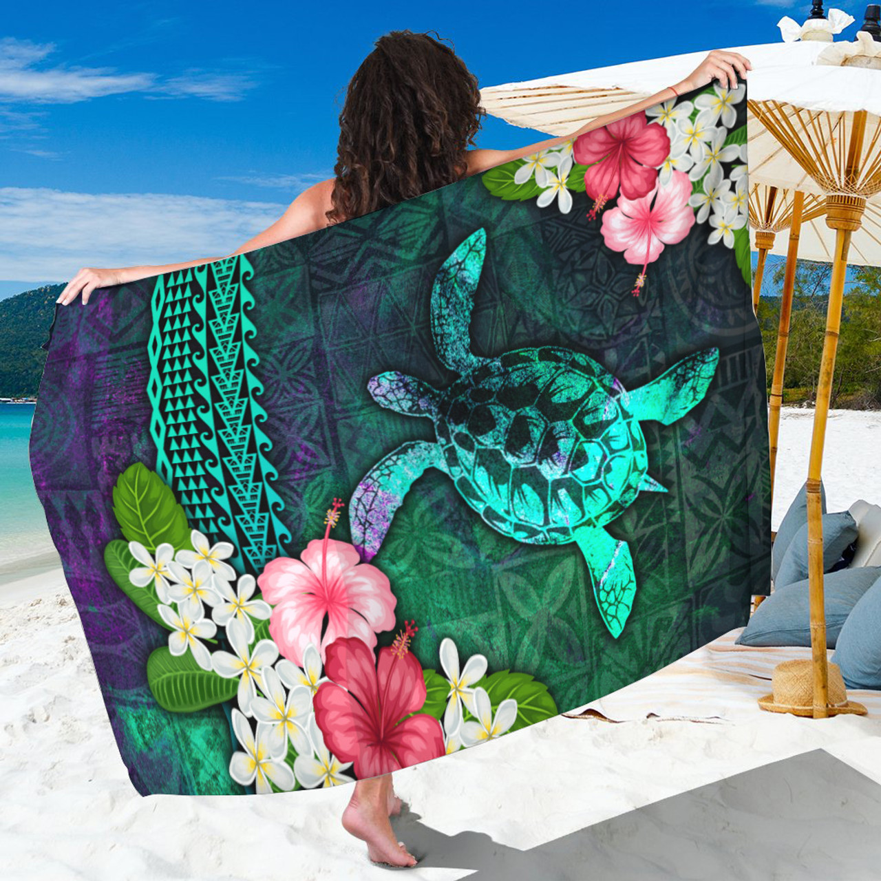 Hawaii Sarong Sea Turtle Abstract Background With Tropical Flowers Hibiscus And Plumeria