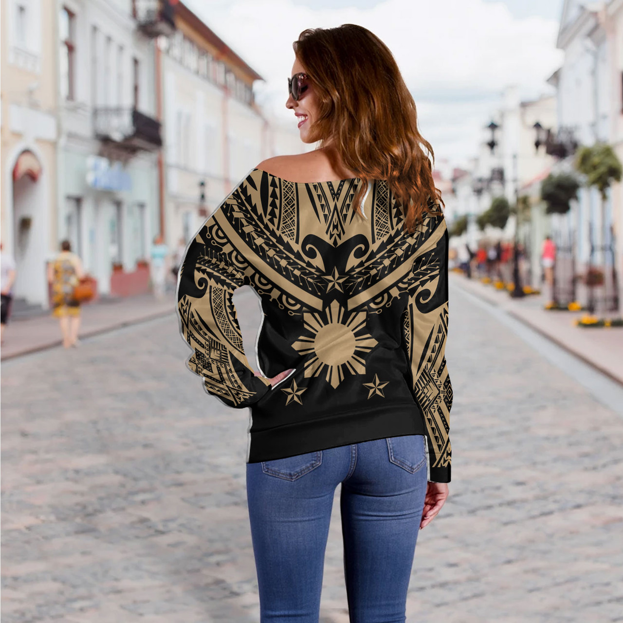 Philippines Filipinos Off Shoulder Sweatshirt Filipinos Sun Tribal Tattoo Gold Color Style