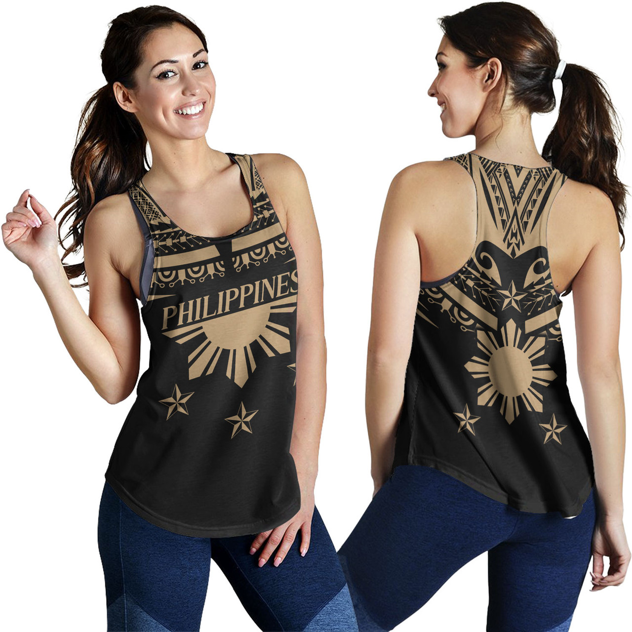 Philippines Filipinos Women Tank Filipinos Sun Tribal Tattoo Gold Color Style