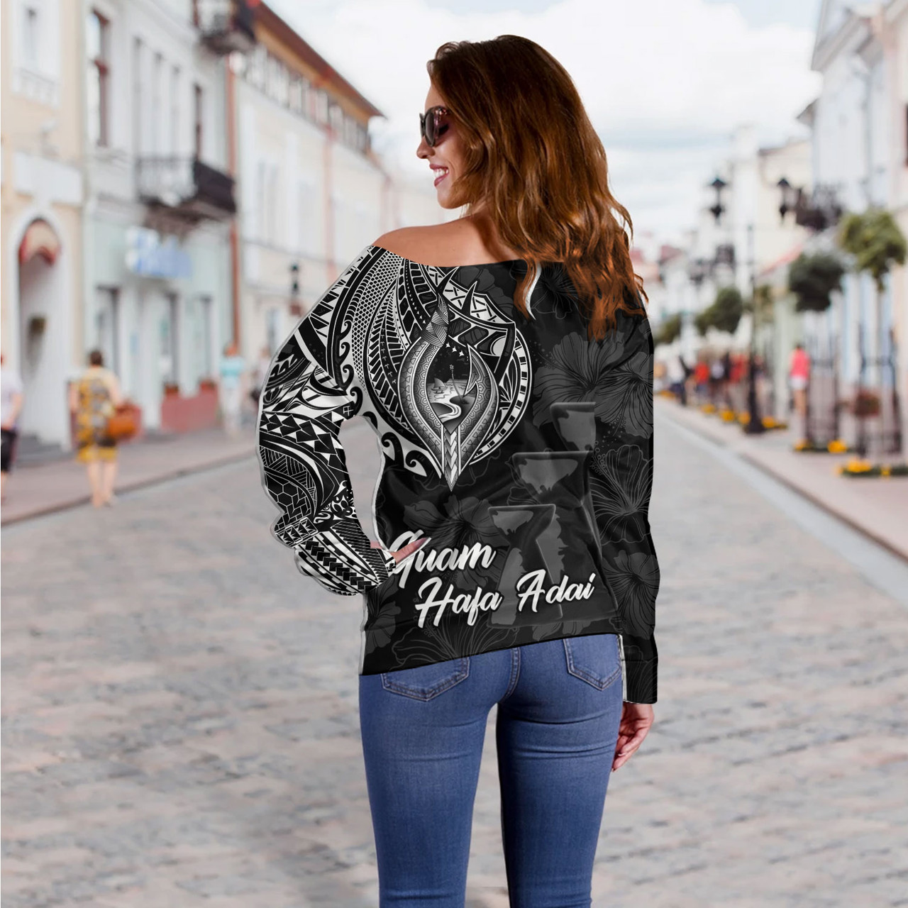 Guam Off Shoulder Sweatshirt Hafa Adai Guam Seal Half Sleeve Tattoo