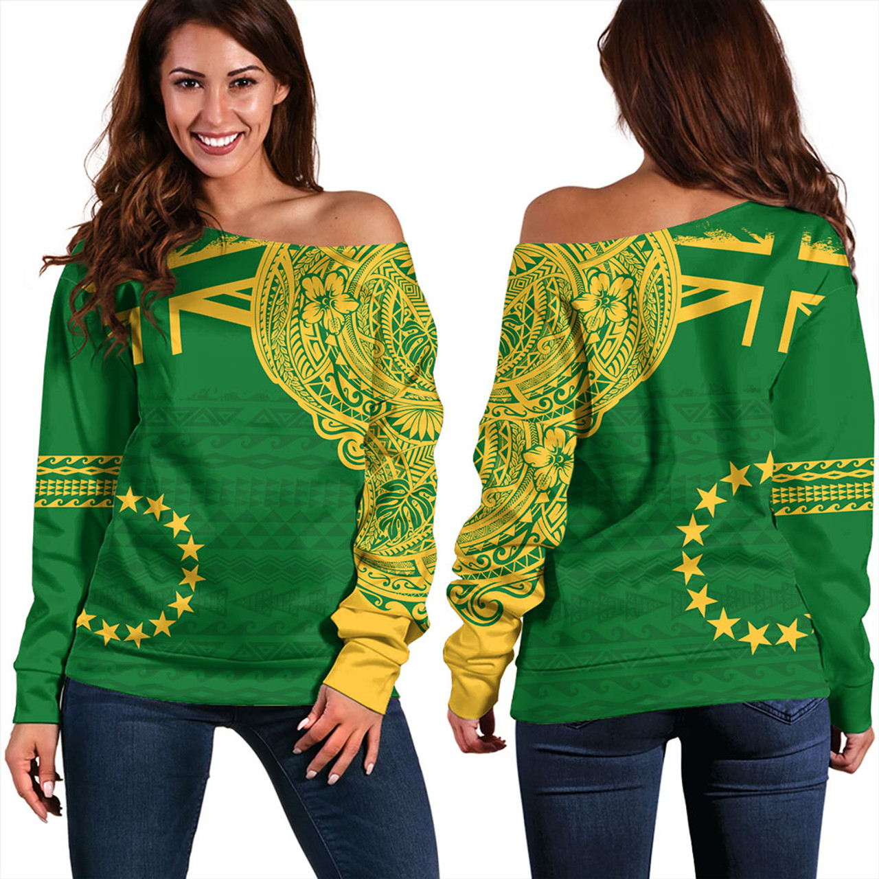 Cook Islands Off Shoulder Sweatshirt Tribal Flag With Coat Of Arms