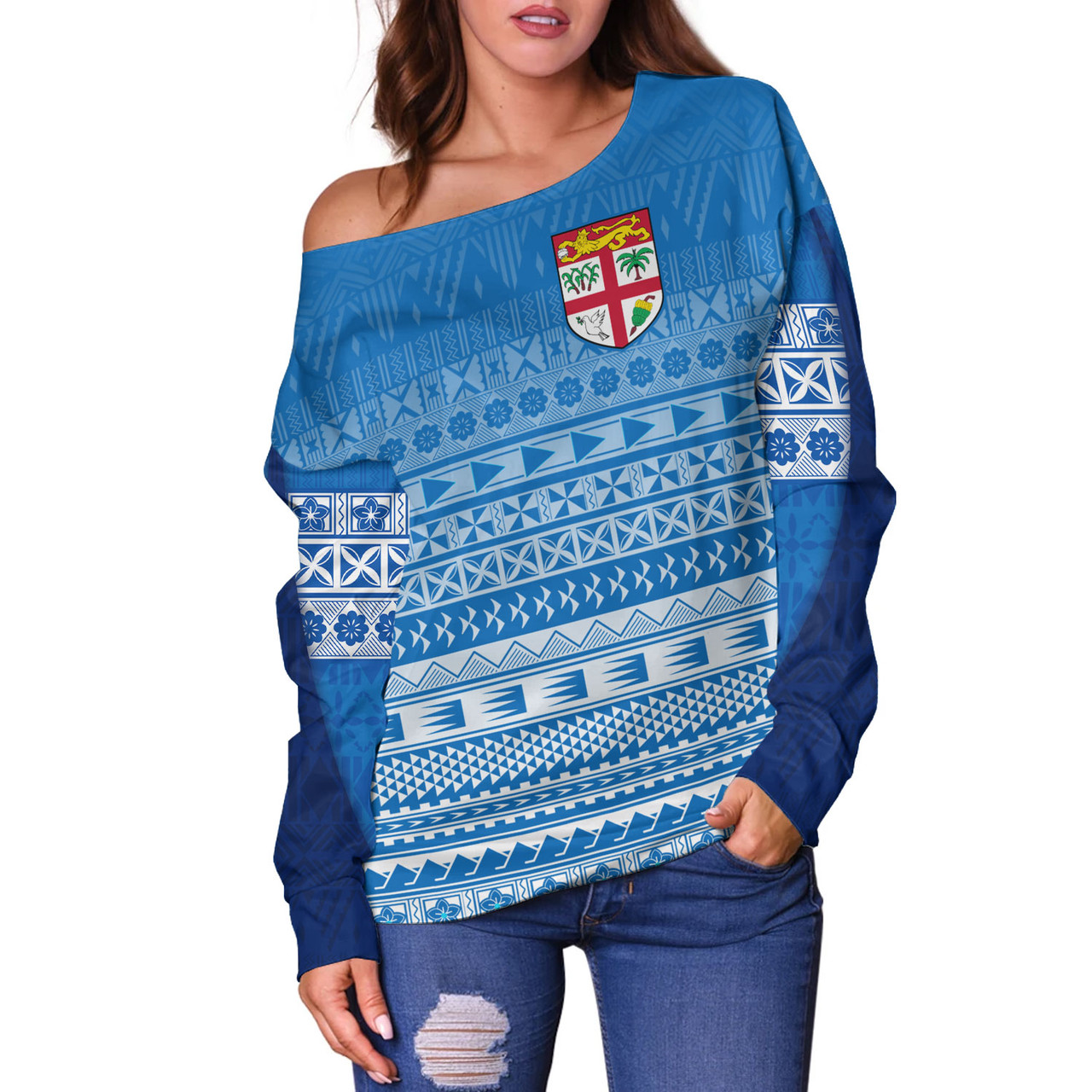 Fiji Off Shoulder Sweatshirt Tapa Fijian Seamless Pattern