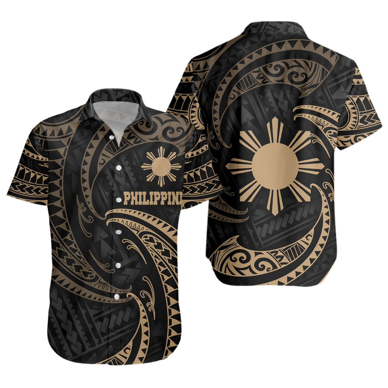 Philippines Filipinos Short Sleeve Shirt Gold Tribal Wave