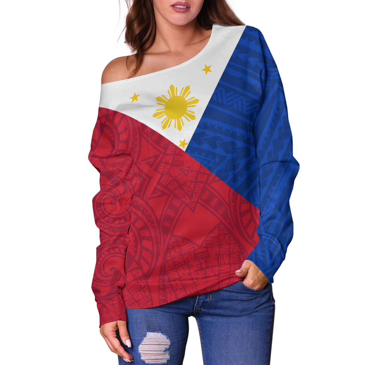 Philippines Filipinos Off Shoulder Sweatshirt Flag Style