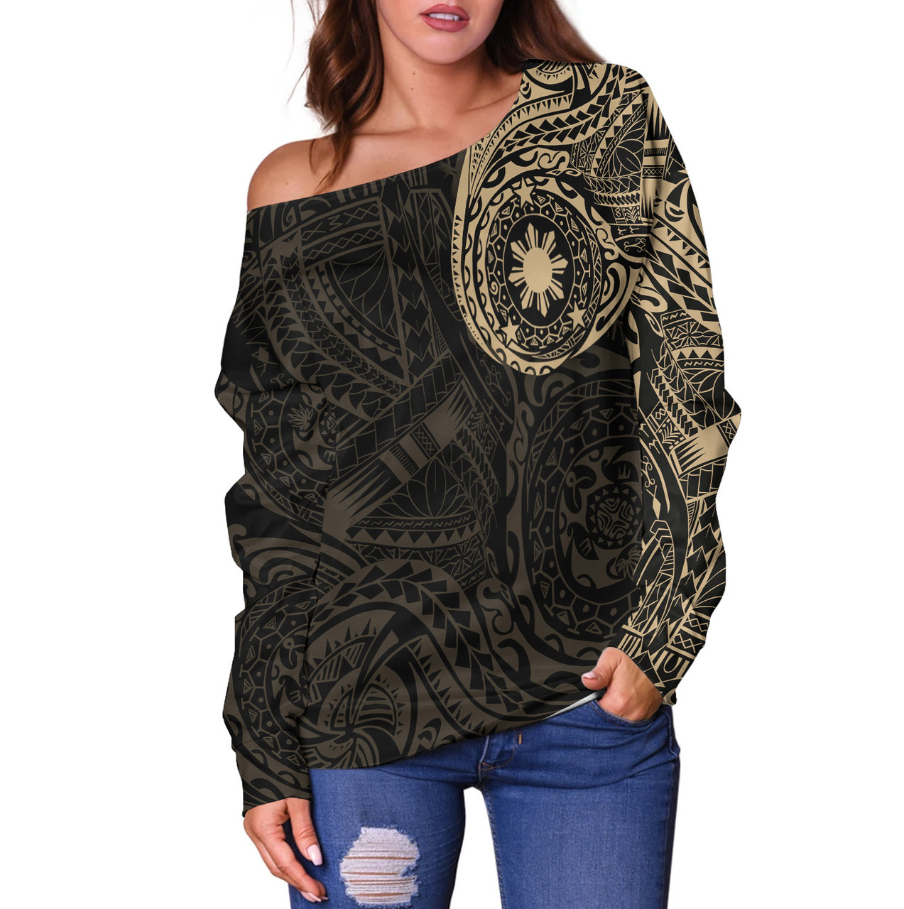 Philippines Filipinos Polynesian Tattoo Style Off Shoulder Sweatshirt