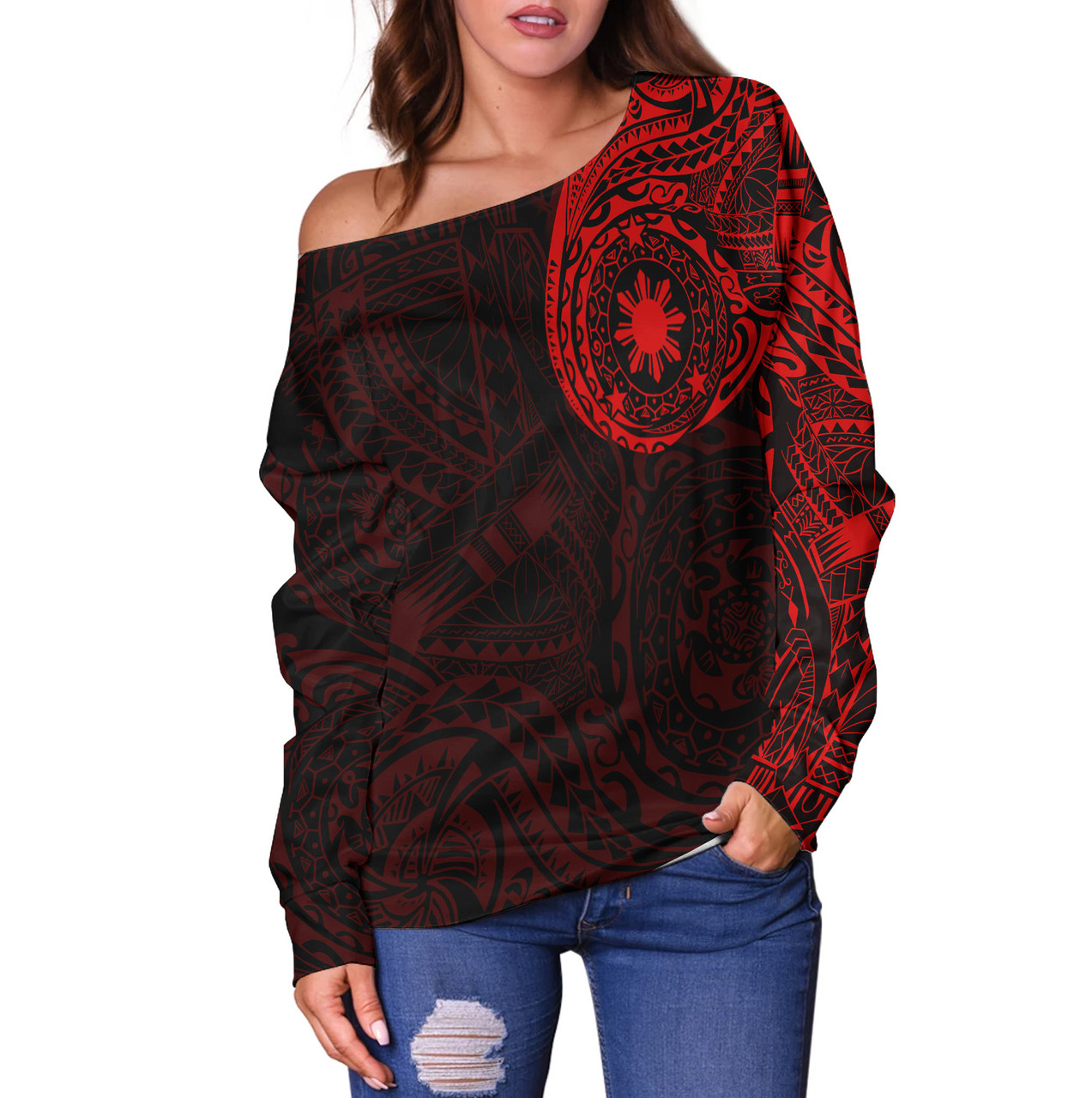 Philippines Filipinos Polynesian Tattoo Style Off Shoulder Sweatshirt