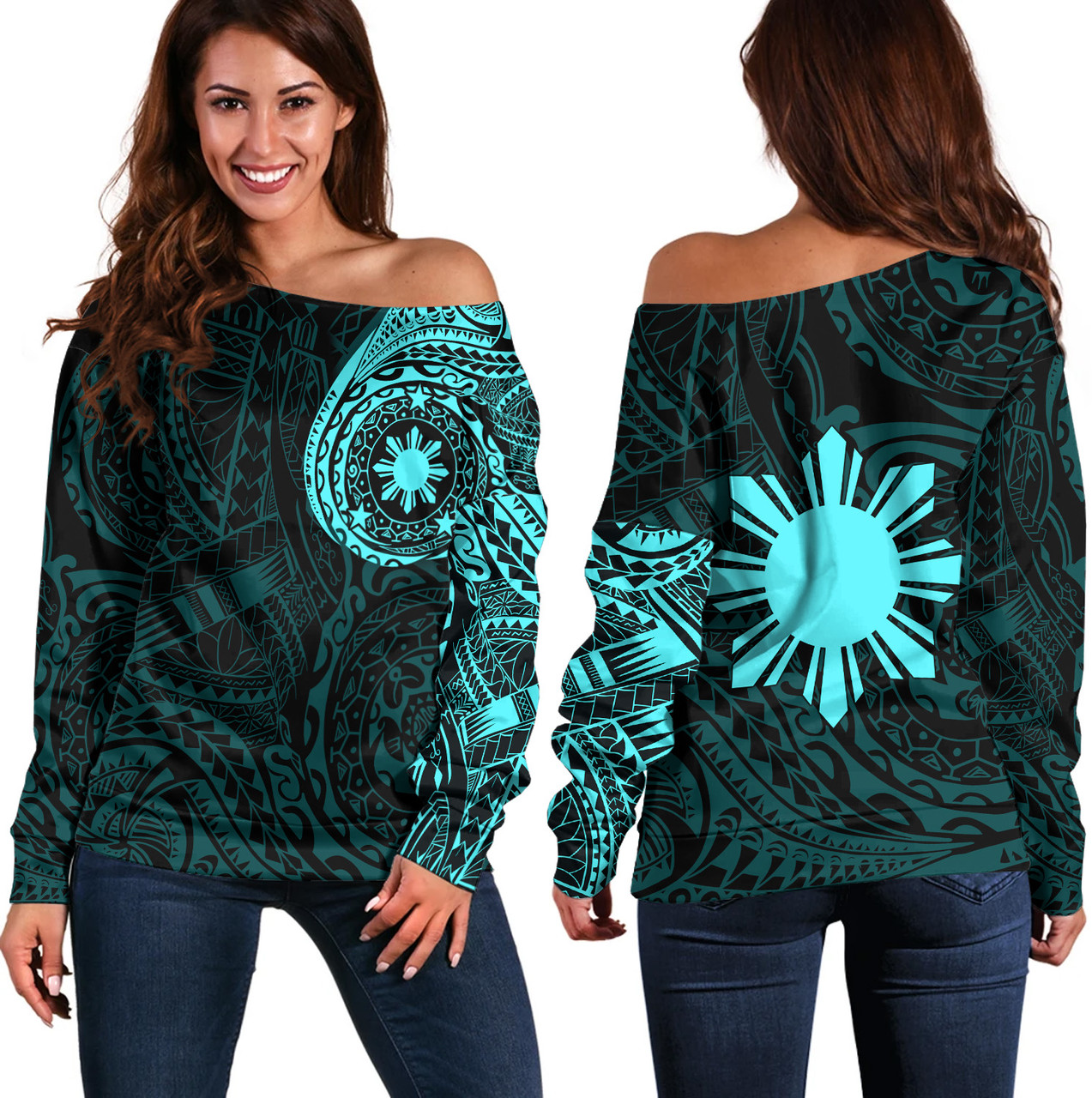 Philippines Filipinos Polynesian Tattoo Style Off Shoulder Sweatshirt