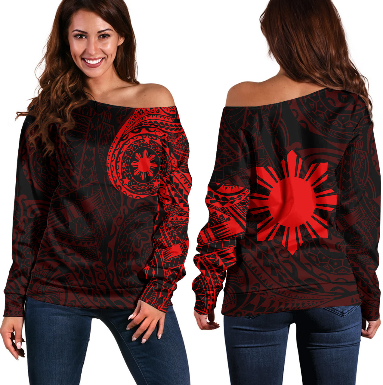 Philippines Filipinos Polynesian Tattoo Style Off Shoulder Sweatshirt