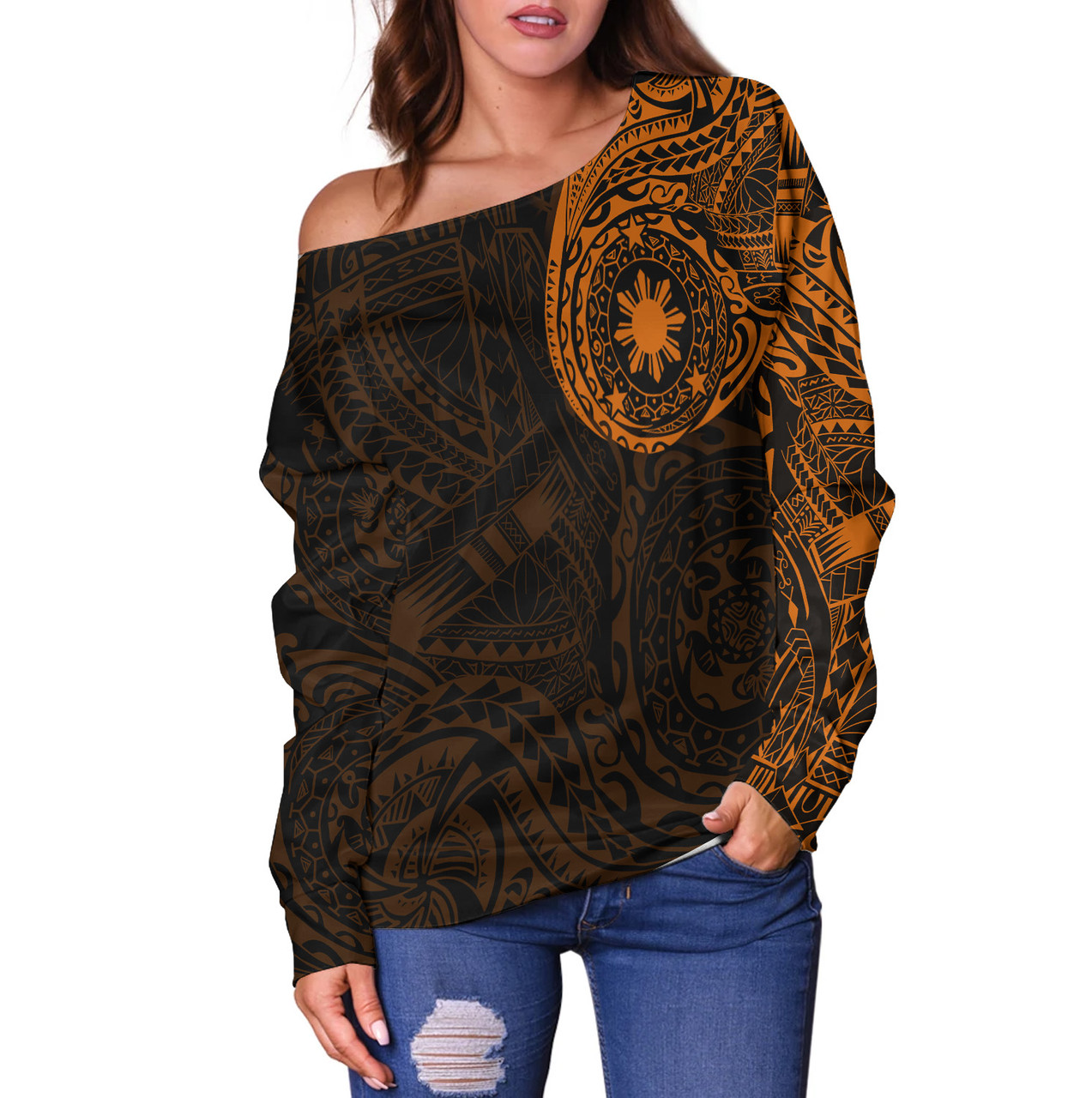 Philippines Filipinos Polynesian Tattoo Style Off Shoulder Sweatshirt