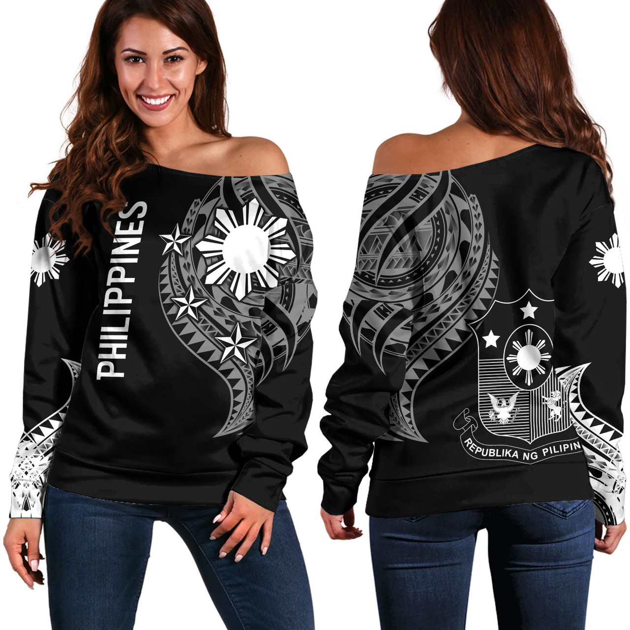 Philippines Filipinos Custom Personalised  Off Shoulder Sweatshirt Tatau White Pattern