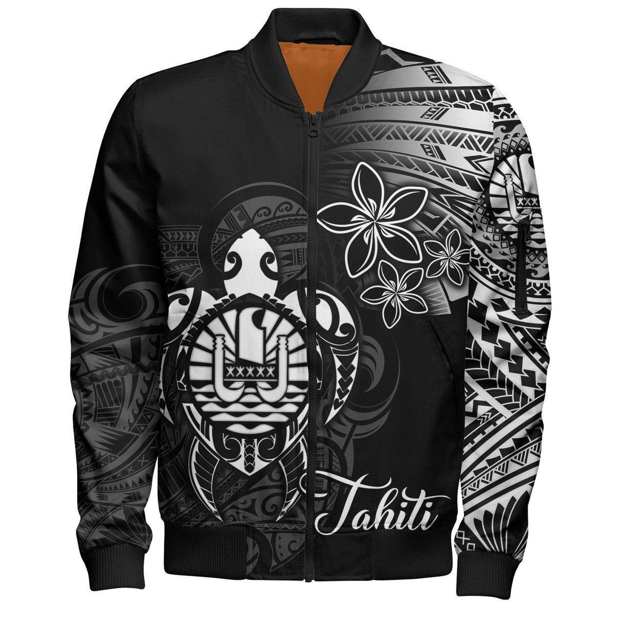 French Polynesia Bomber Jacket Seal Turtle Plumeria Tribal Patterns