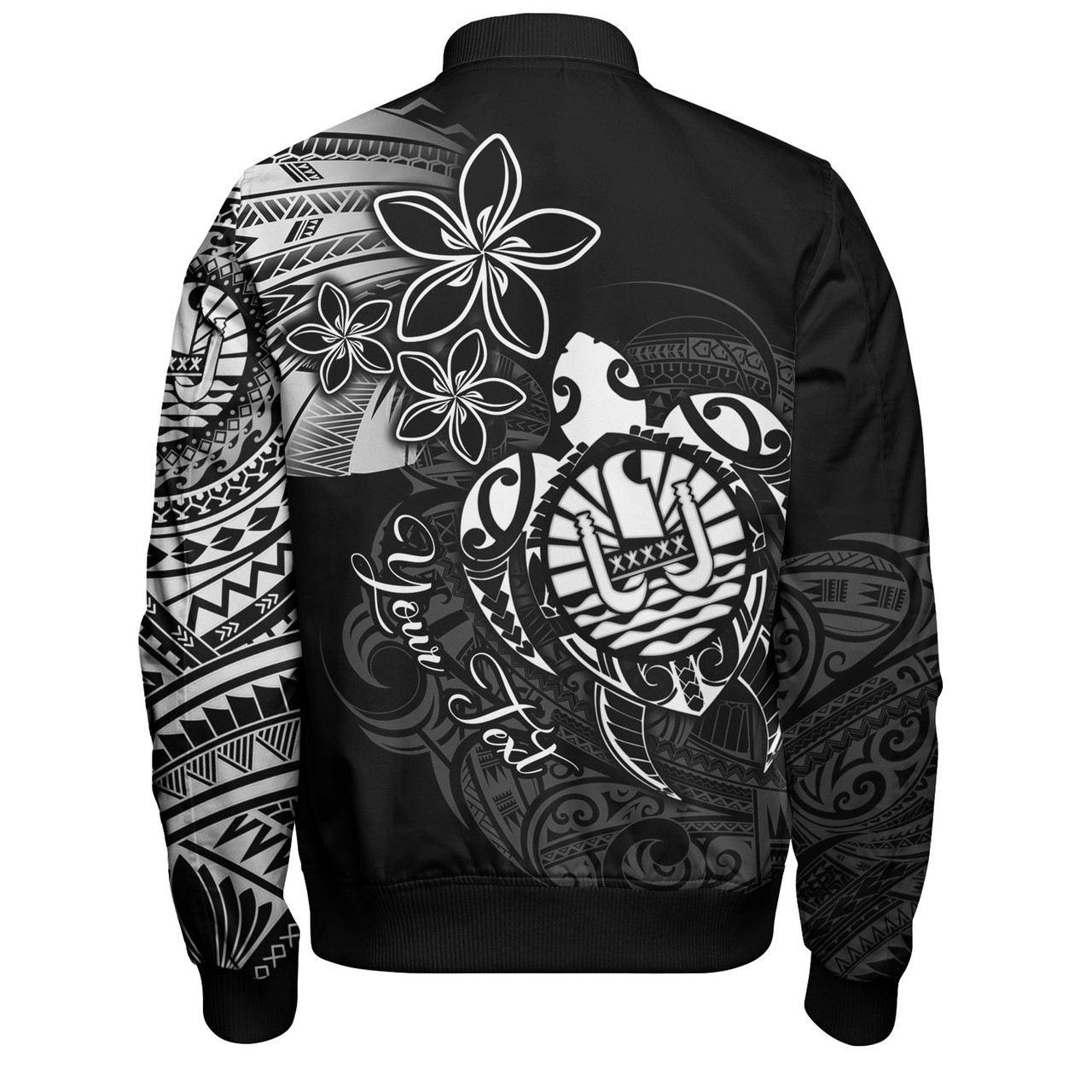 French Polynesia Bomber Jacket Seal Turtle Plumeria Tribal Patterns