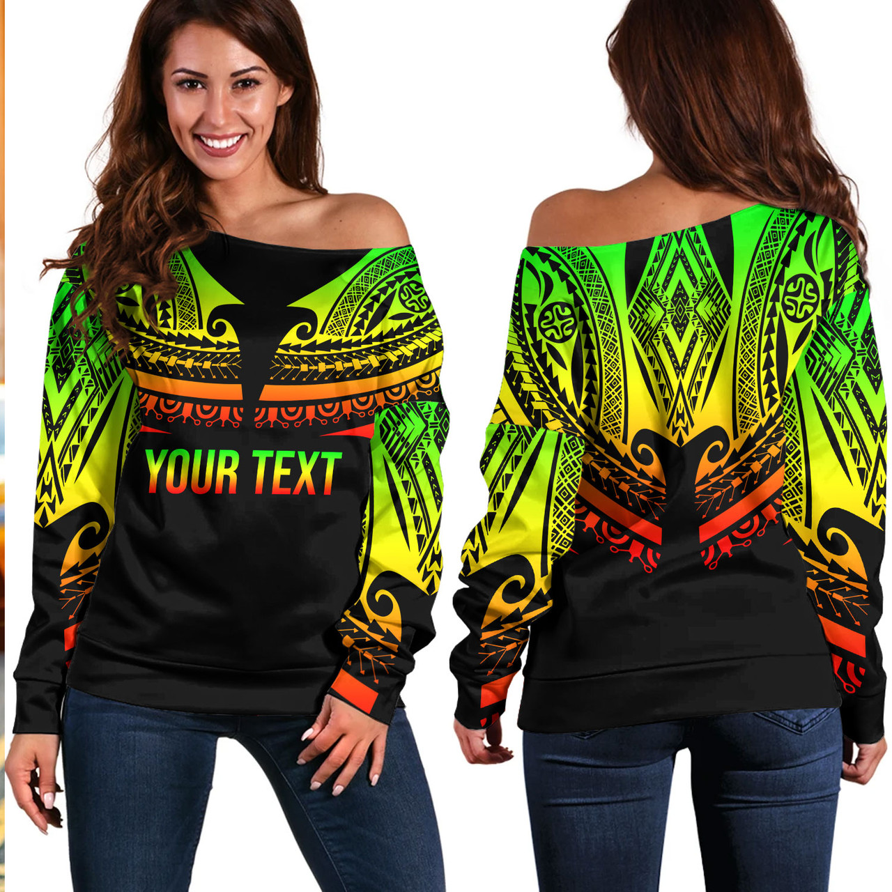 Polynesian Custom Personalised Off Shoulder Sweatshirt Polynesian Tattoo Style