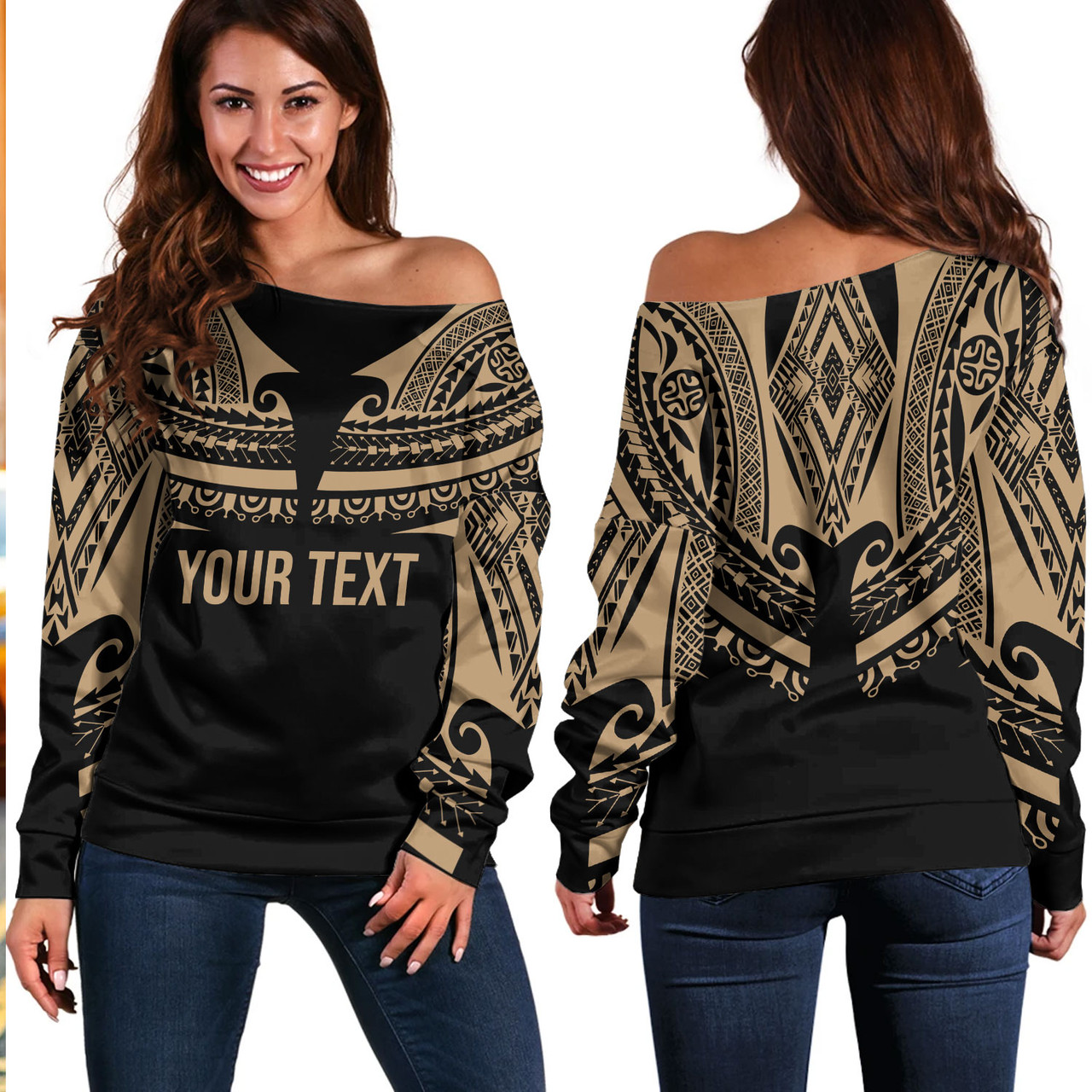 Polynesian Custom Personalised Off Shoulder Sweatshirt Polynesian Tattoo Style