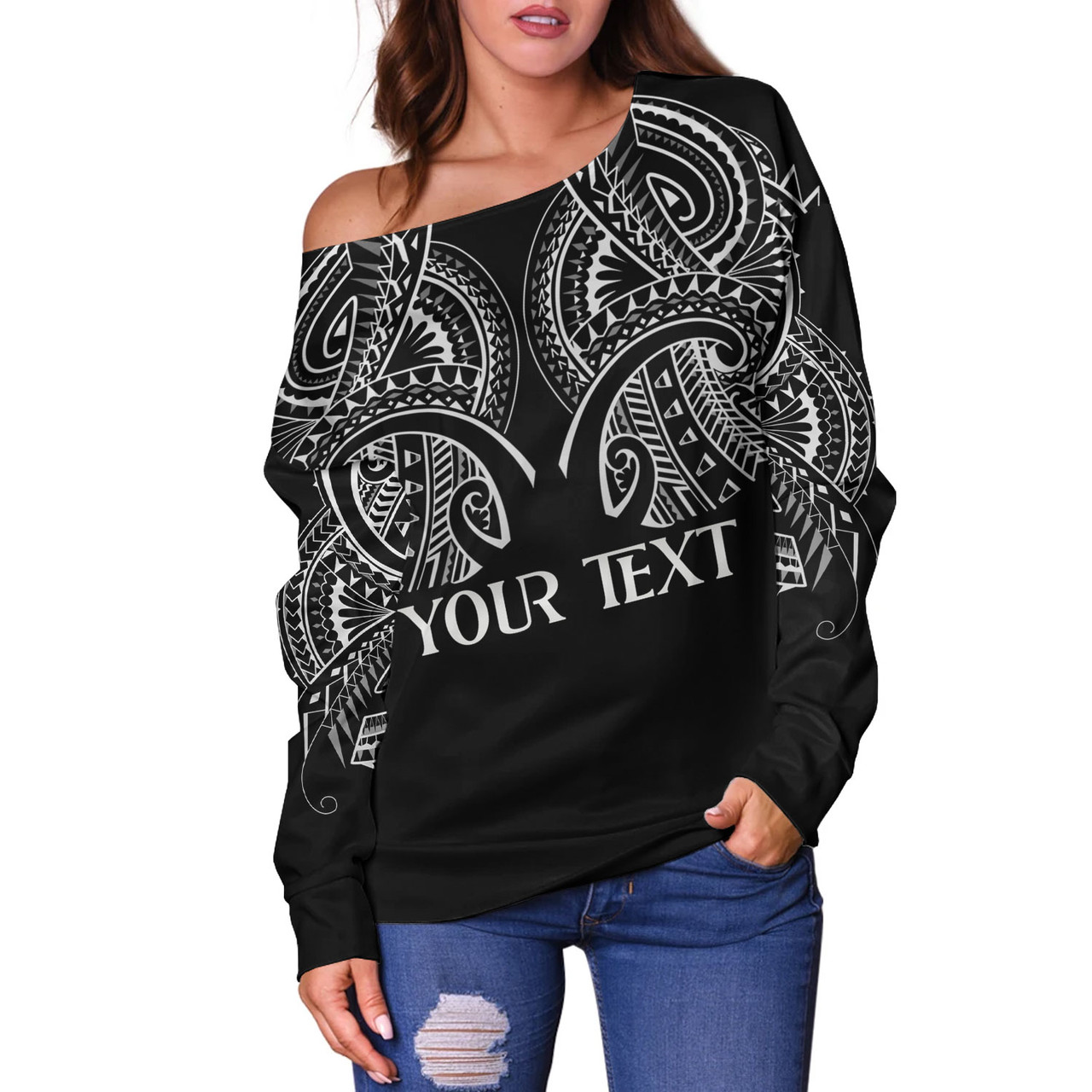Hawaii Custom Personalised Off Shoulder Sweatshirt Black Polynesian Tribal Tatau Design