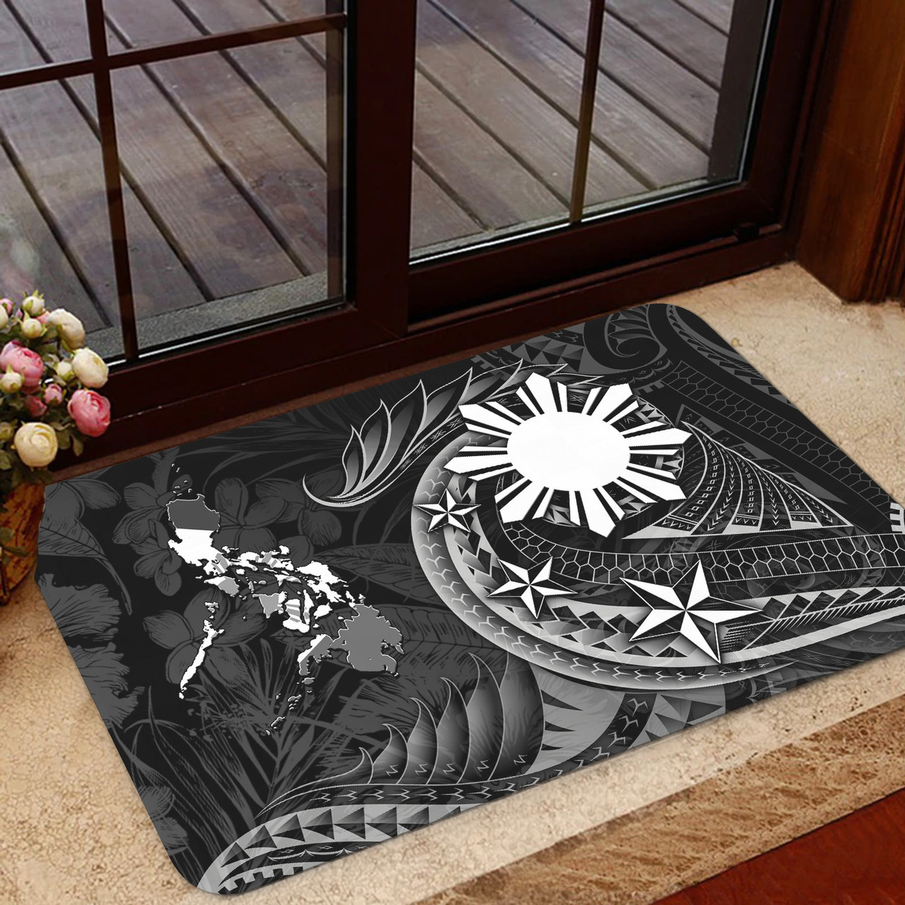 Philippines Filipinos Door Mat Philippines Sun Tribal Patterns Tropical Flowers Curve Style