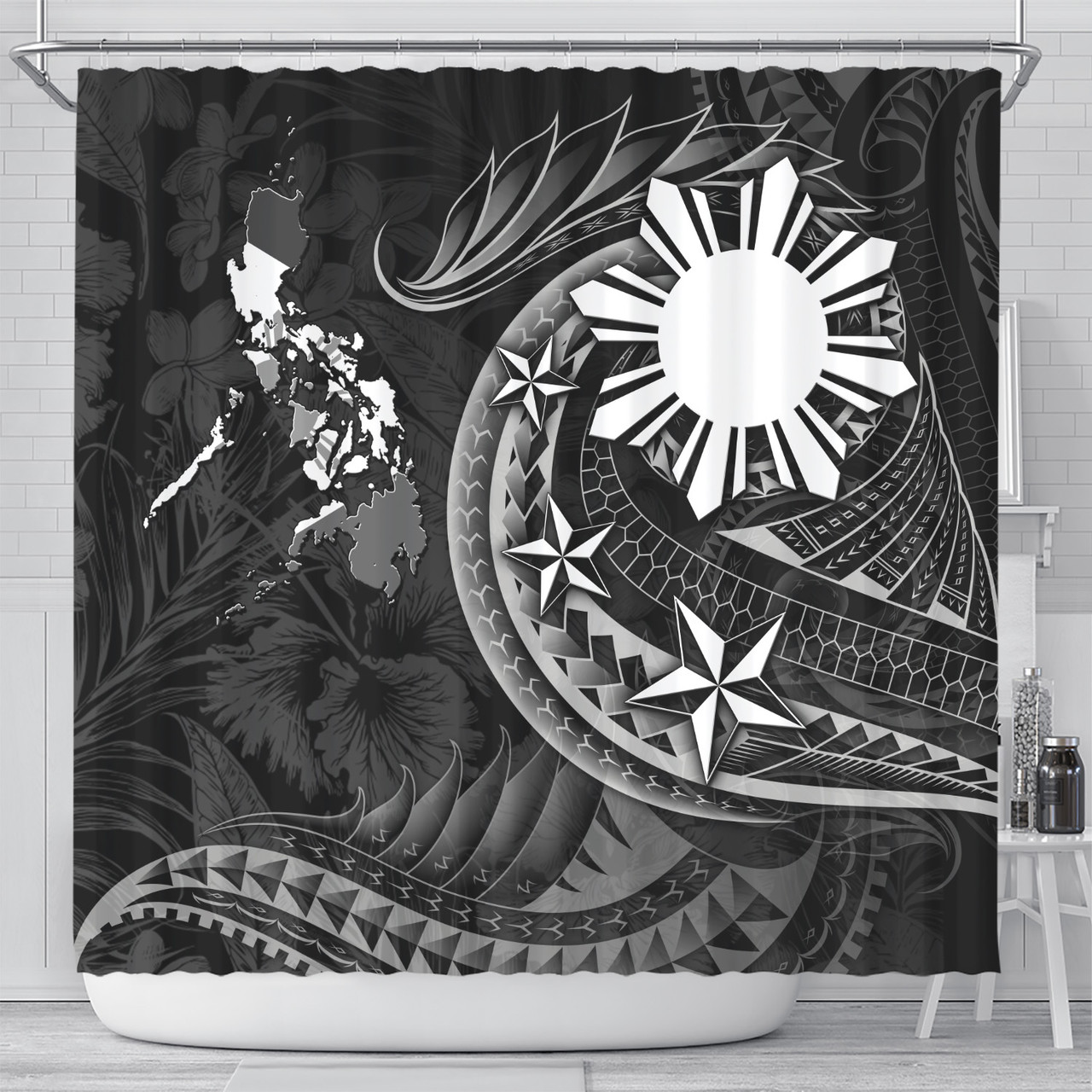 Philippines Filipinos Shower Curtain Philippines Sun Tribal Patterns Tropical Flowers Curve Style