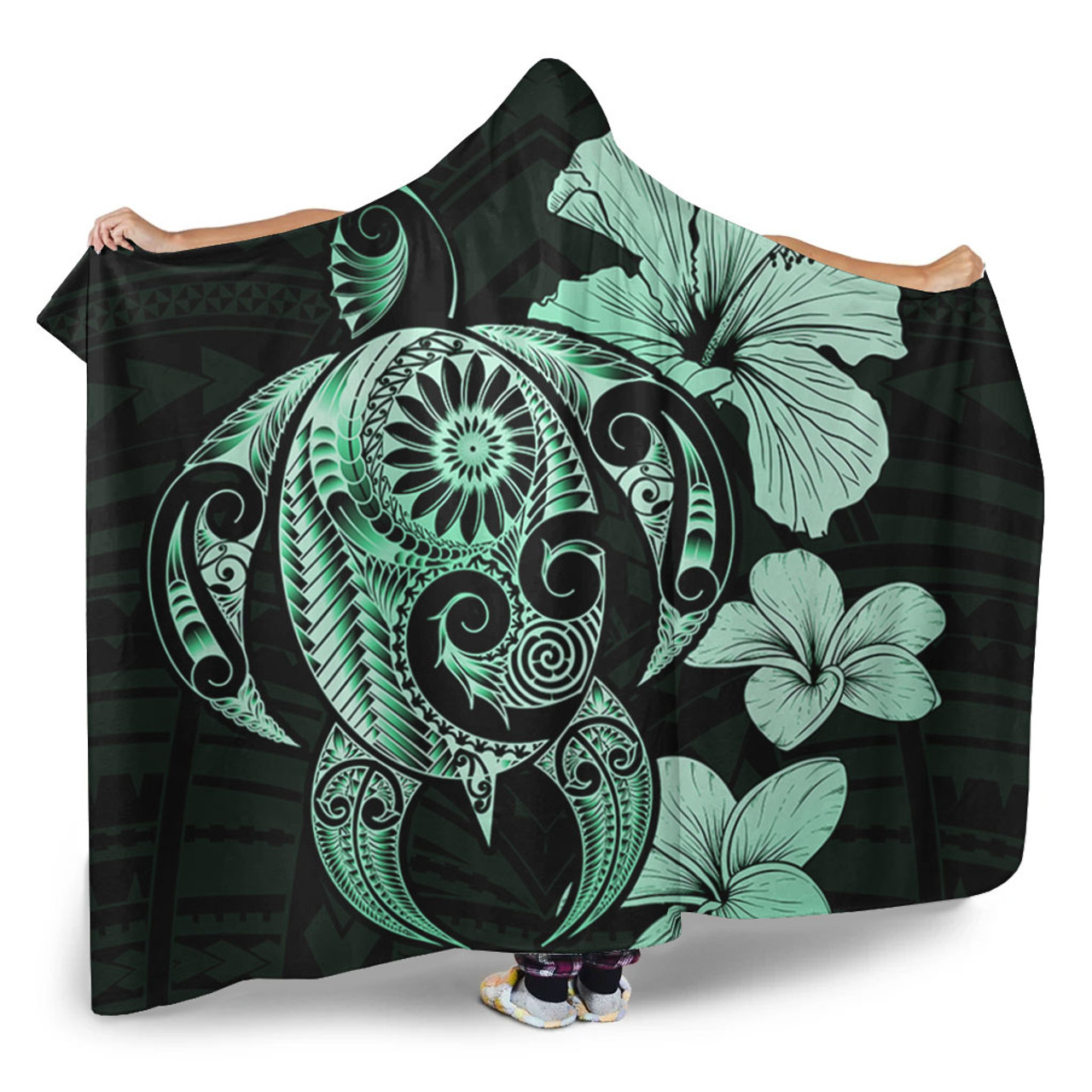 Hawaii Hooded Blanket Hibiscus Plumeria Mix Polynesian Turtle