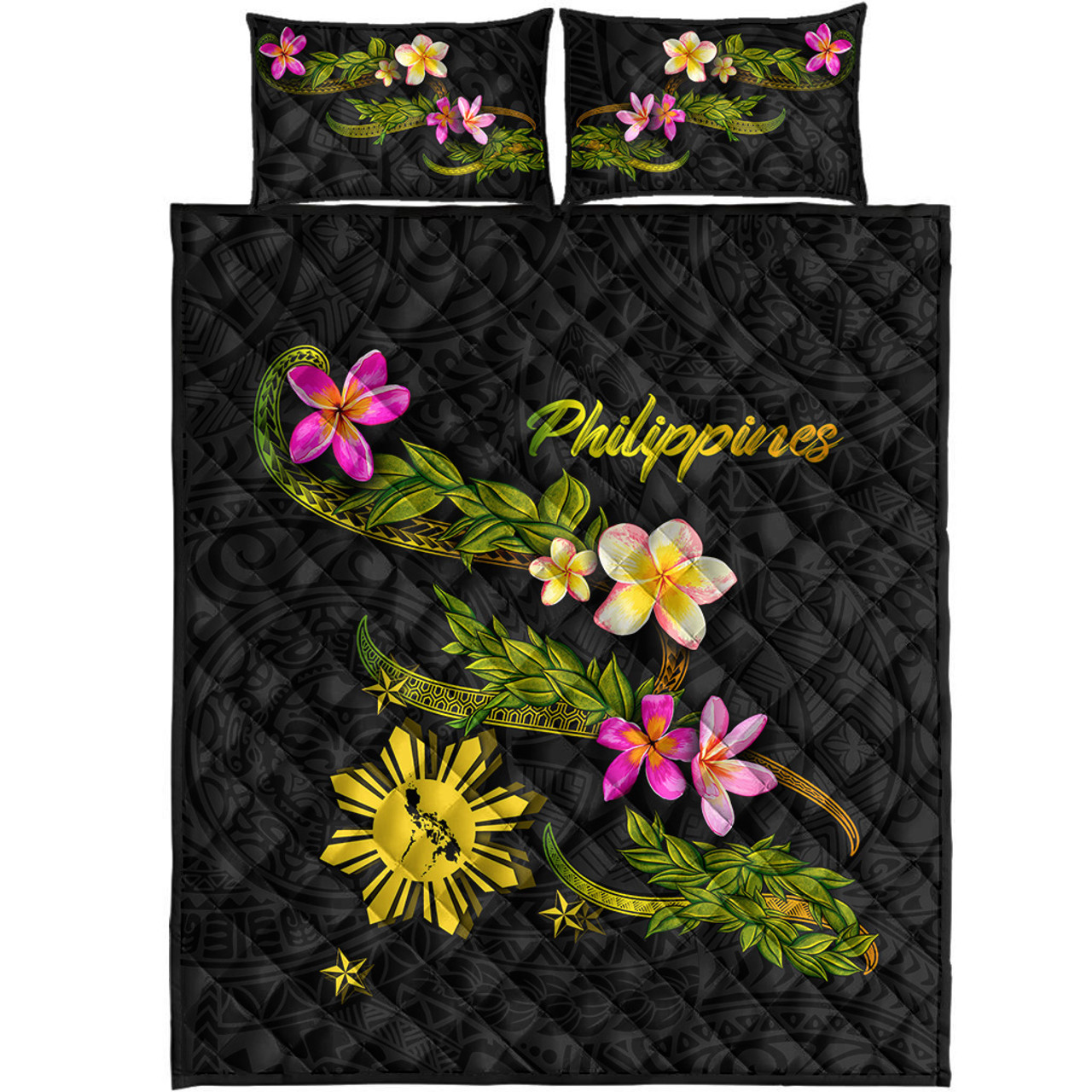 Philippines Filipinos Quilt Bed Set Philippines Sun And Map Plumeria Tribal