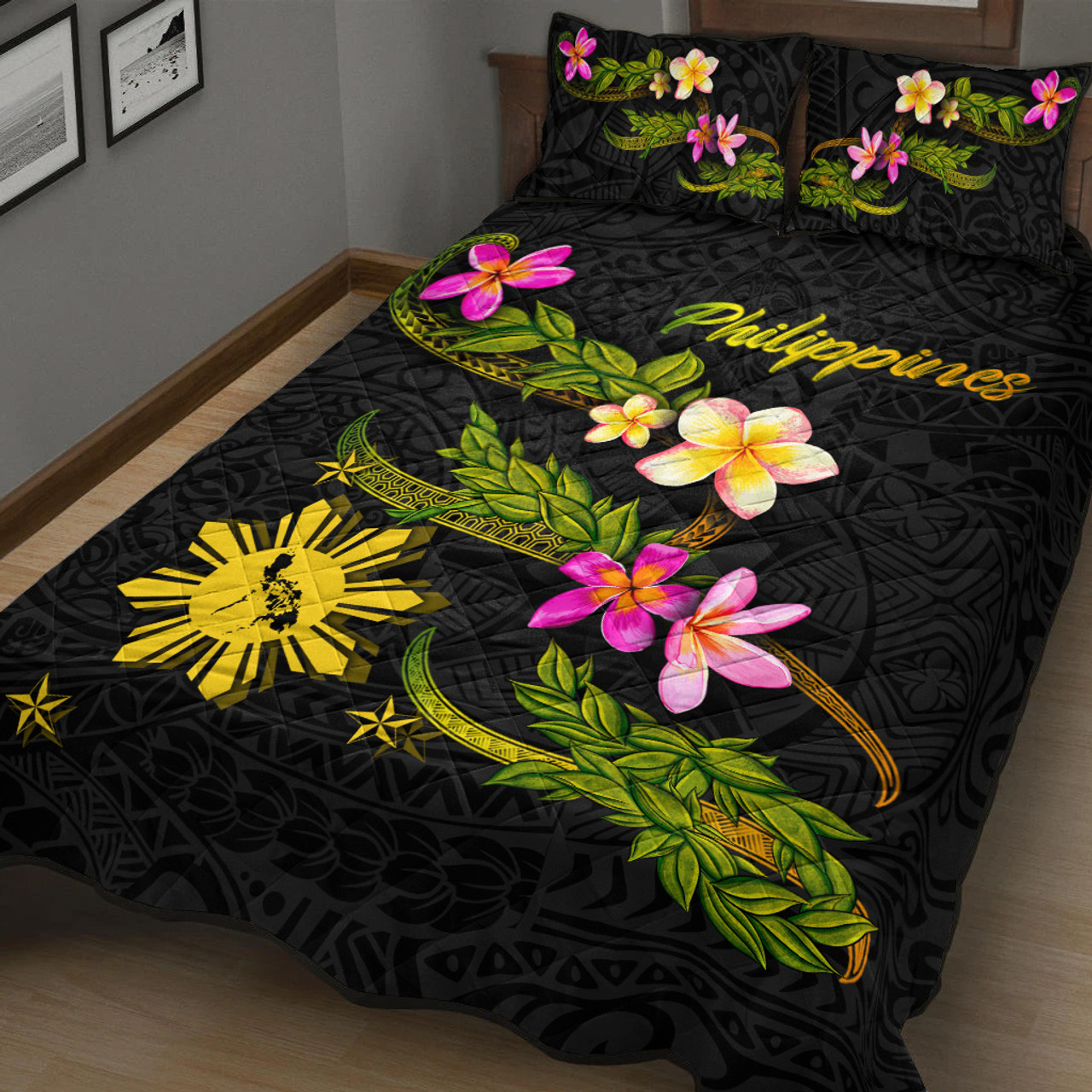 Philippines Filipinos Quilt Bed Set Philippines Sun And Map Plumeria Tribal